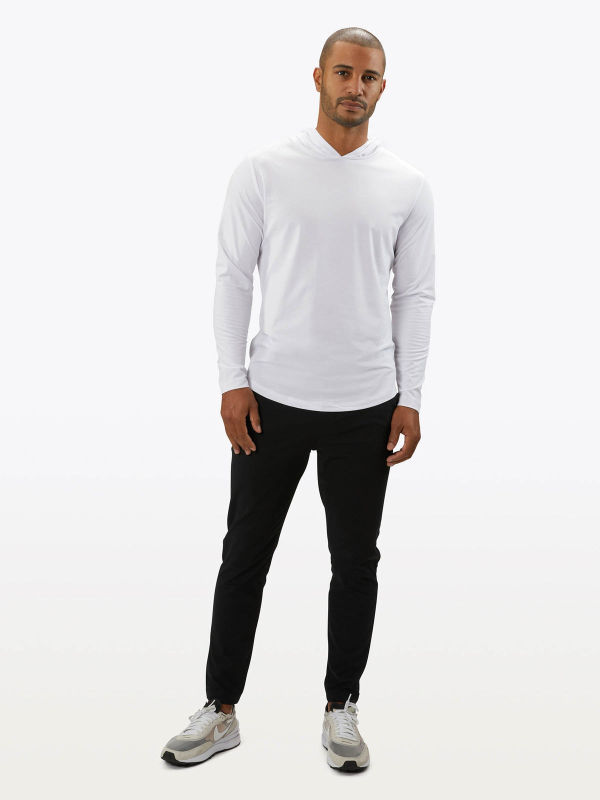 AO Long Sleeve Hooded Curve-Hem Tee | White Signature-fit PYCA Pro®