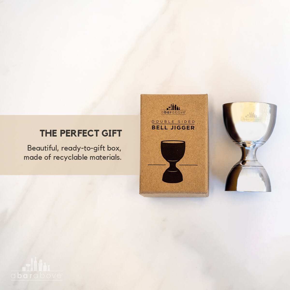 Infographic highlighting the ready-to-gift packaging for the Stainless Steel Bell Jigger (details in description).