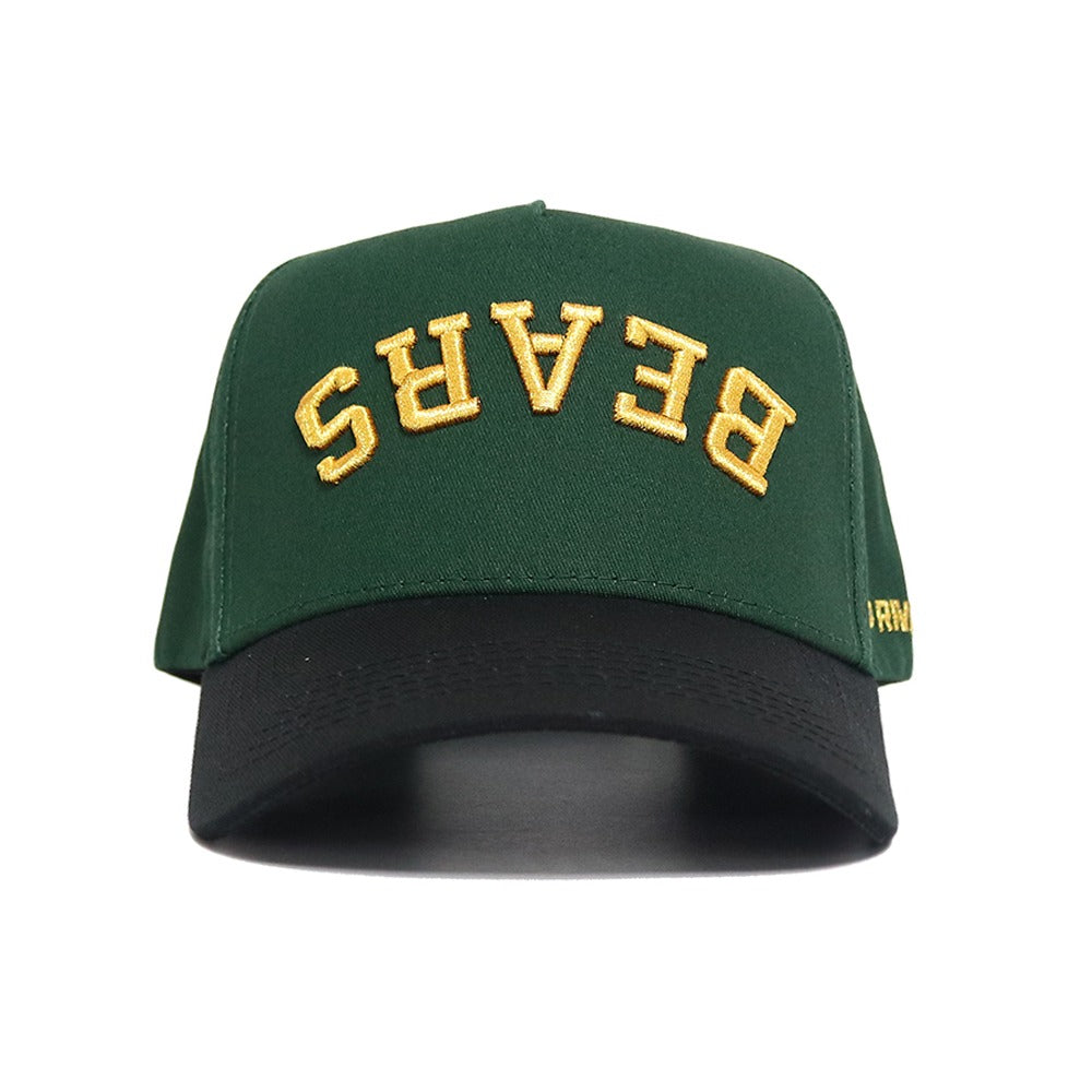 The No Rivals BEARS Hat - Color Rush features green and black colors with "BEARS" embroidered upside down in yellow on the front—a standout snapback for your gameday look.