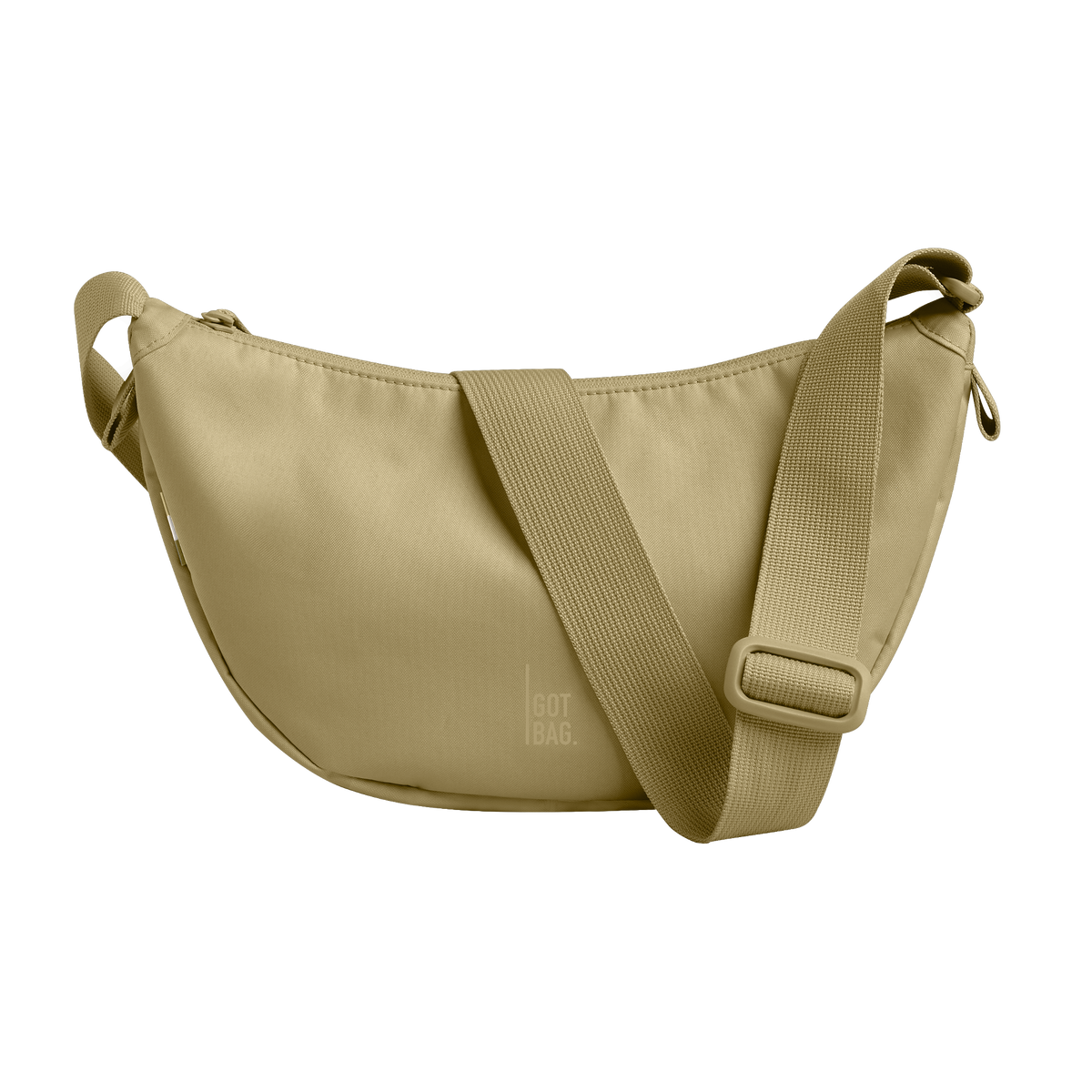 MOON BAG bag in seadragon (Light Olive Beige with a Yellow Undertone), studio shot, front view.