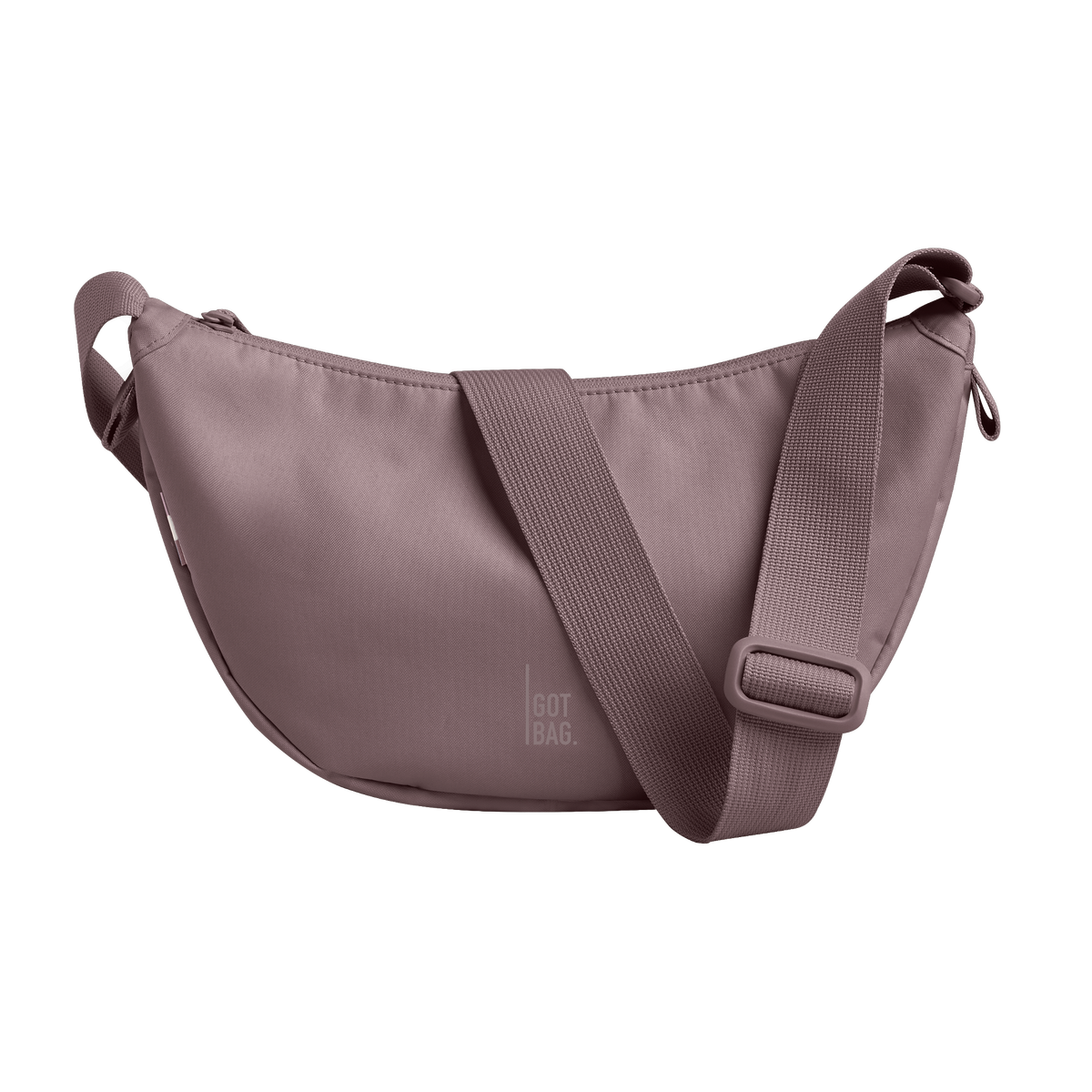 MOON BAG bag in sepia (Soft Brownish-Pink Tone with a Purple Undertone), studio shot, front view.