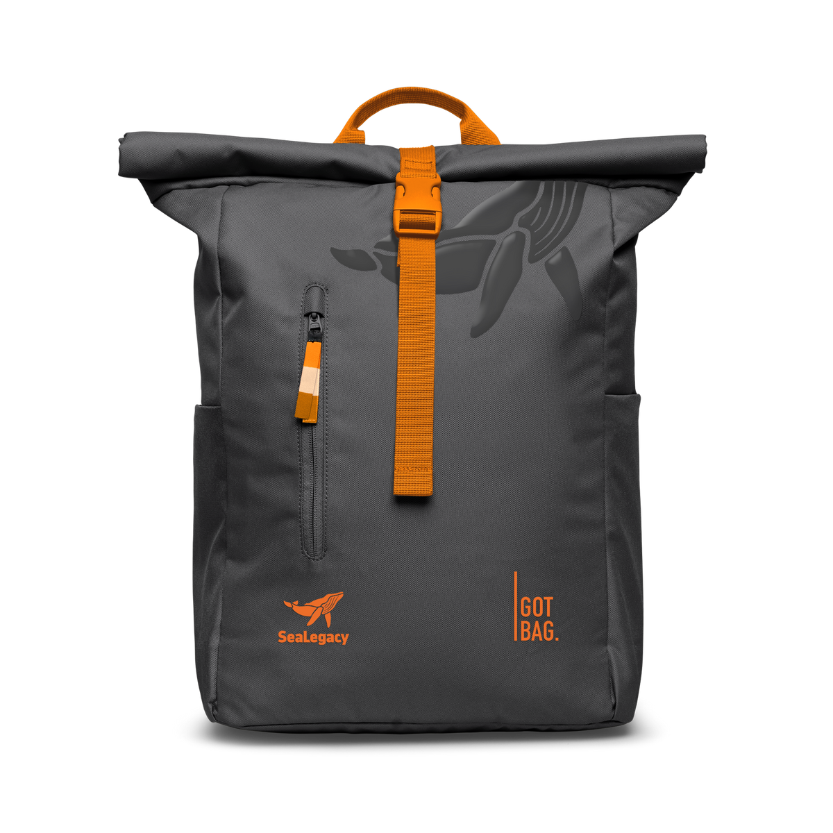 ROLLTOP EASY SeaLegacy Monochrome Edition backpack in shark (Dark Gray), studio shot, front view.