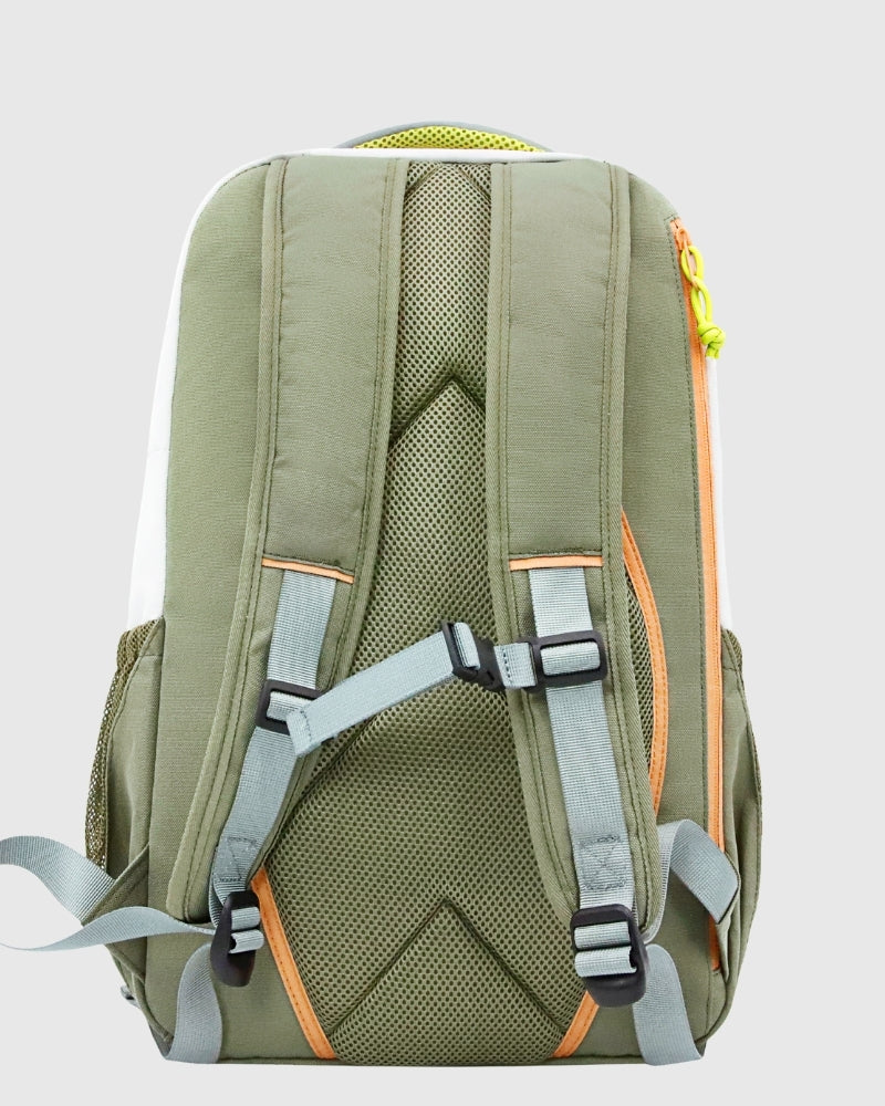 Green backpack with orange accents on a light gray background