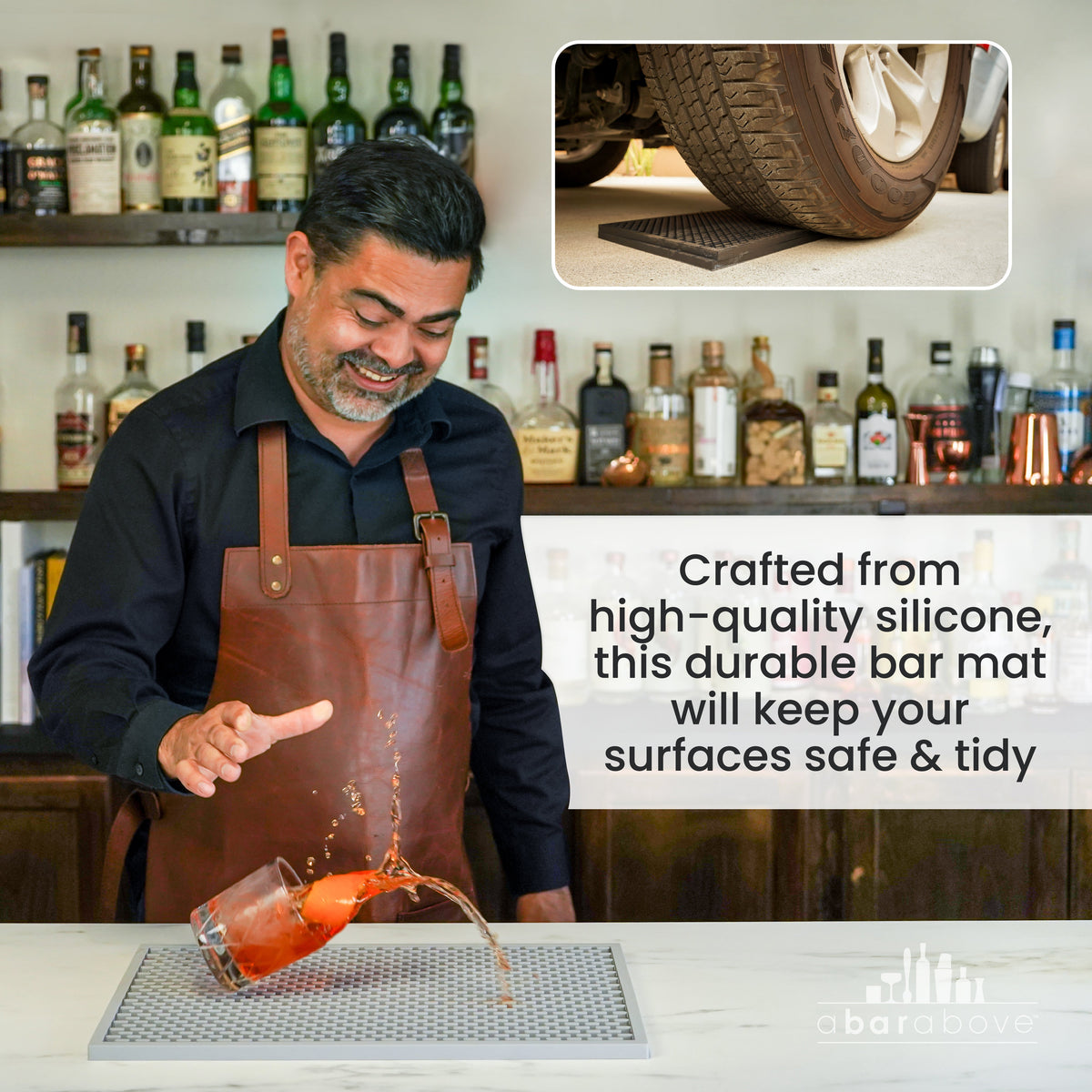 Infographic showing the durable silicone bar mat in use and highlighting its protective features (details in description).