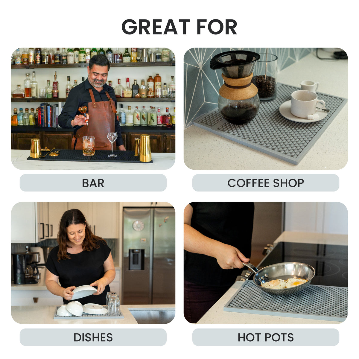 Graphic illustrating various uses for the silicone bar mat, showing both black and grey mats (details in description).