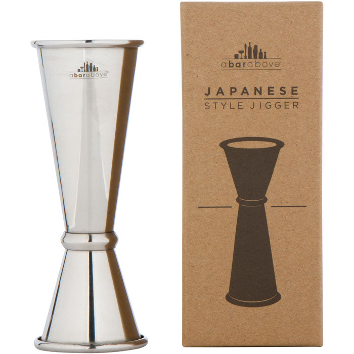 Labeled graphic of a stainless steel Japanese jigger next to its branded box, showing product name and style (details in description).