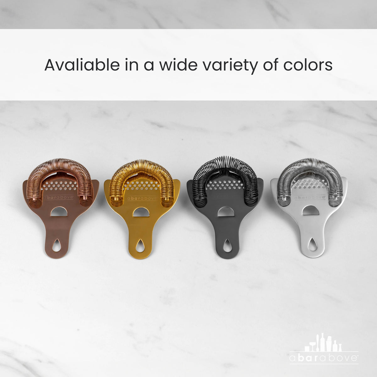 Infographic of Hawthorne strainers showing they are available in multiple finishes (details in description).