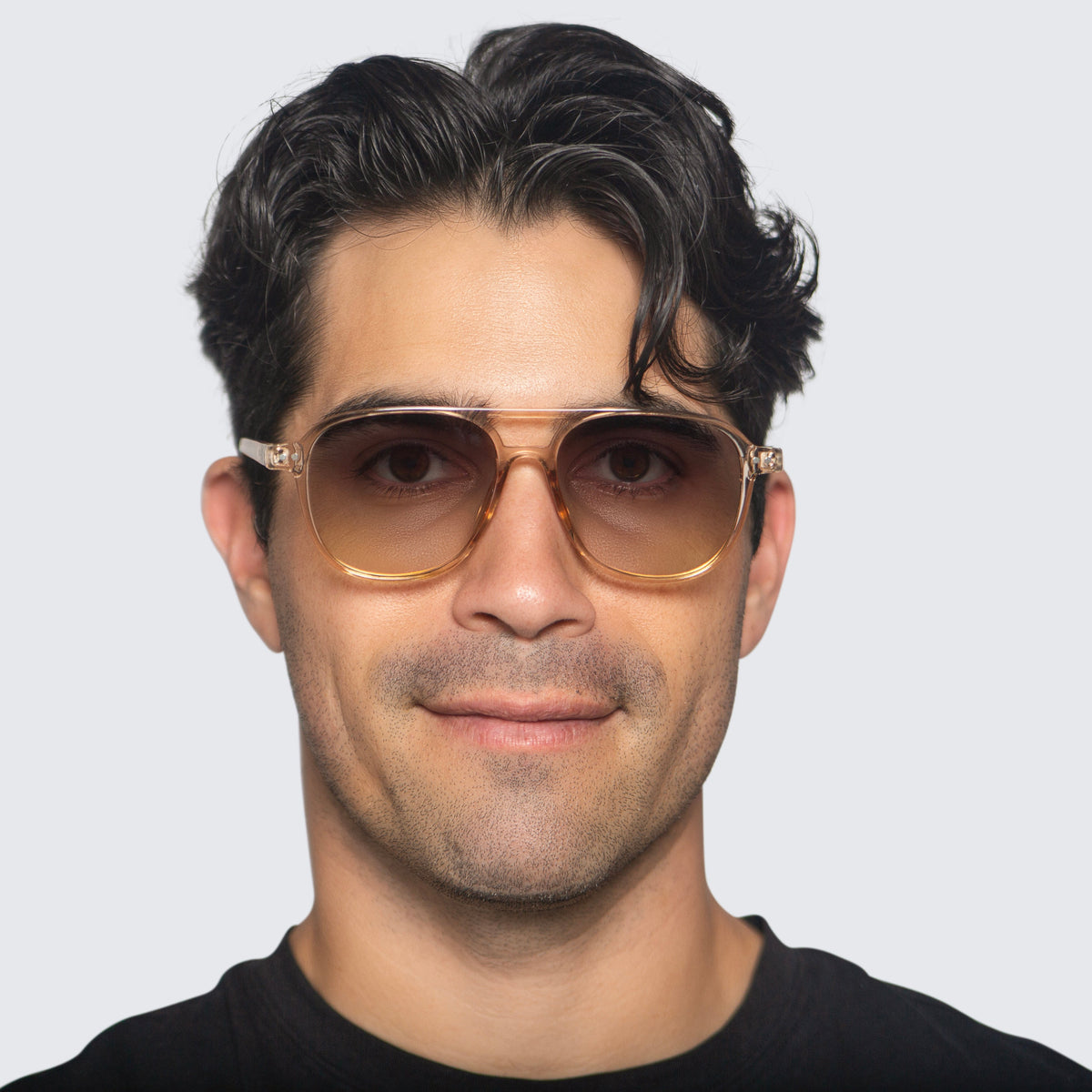 Jaxy Eastwood Aviator sunglasses — worn view #Color_Brown