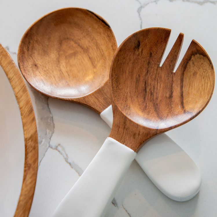 Jeanne Fitz Wood & White Collection Acacia Wood Salad Servers