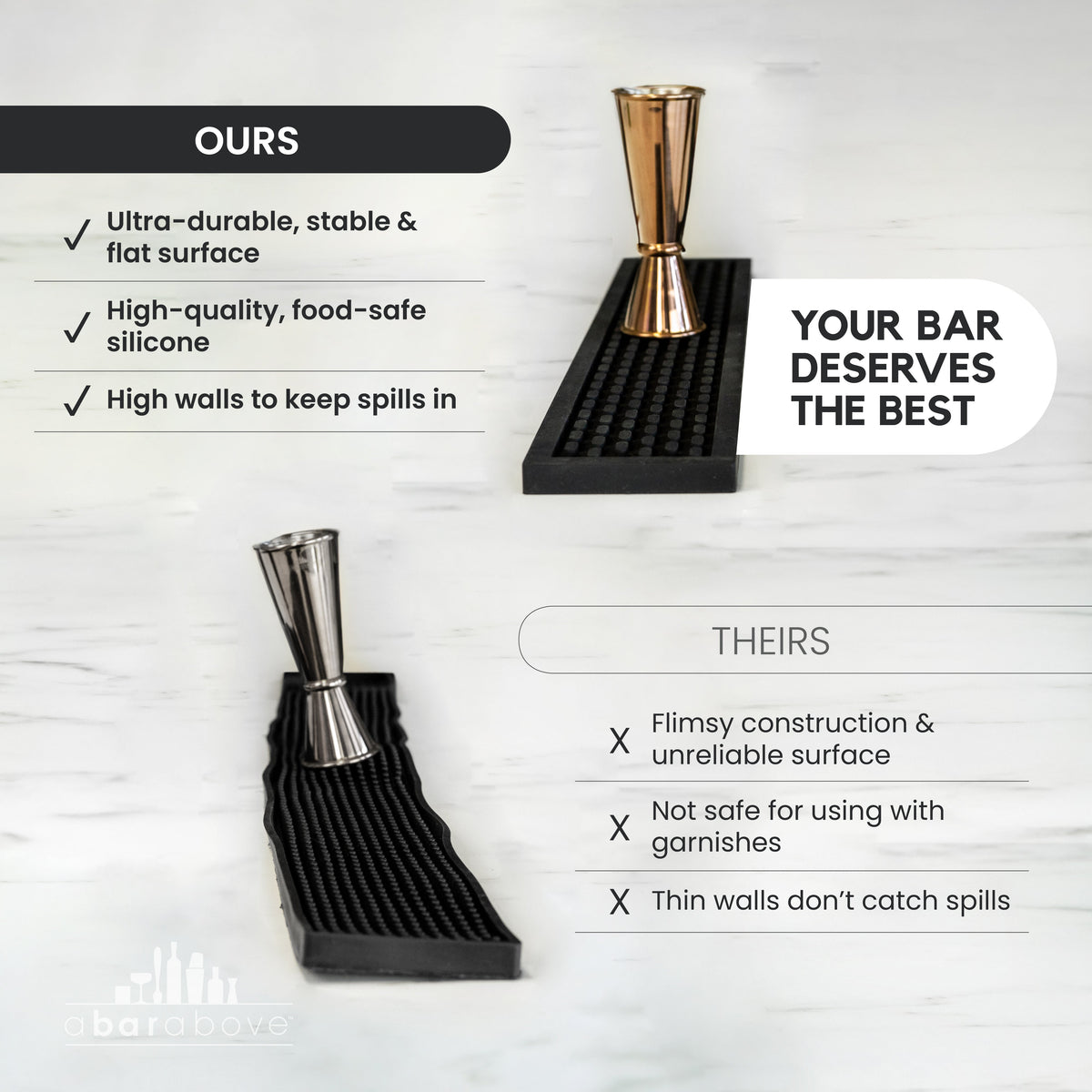 Infographic comparing features of the black silicone bar mat with competitor products (details in description).