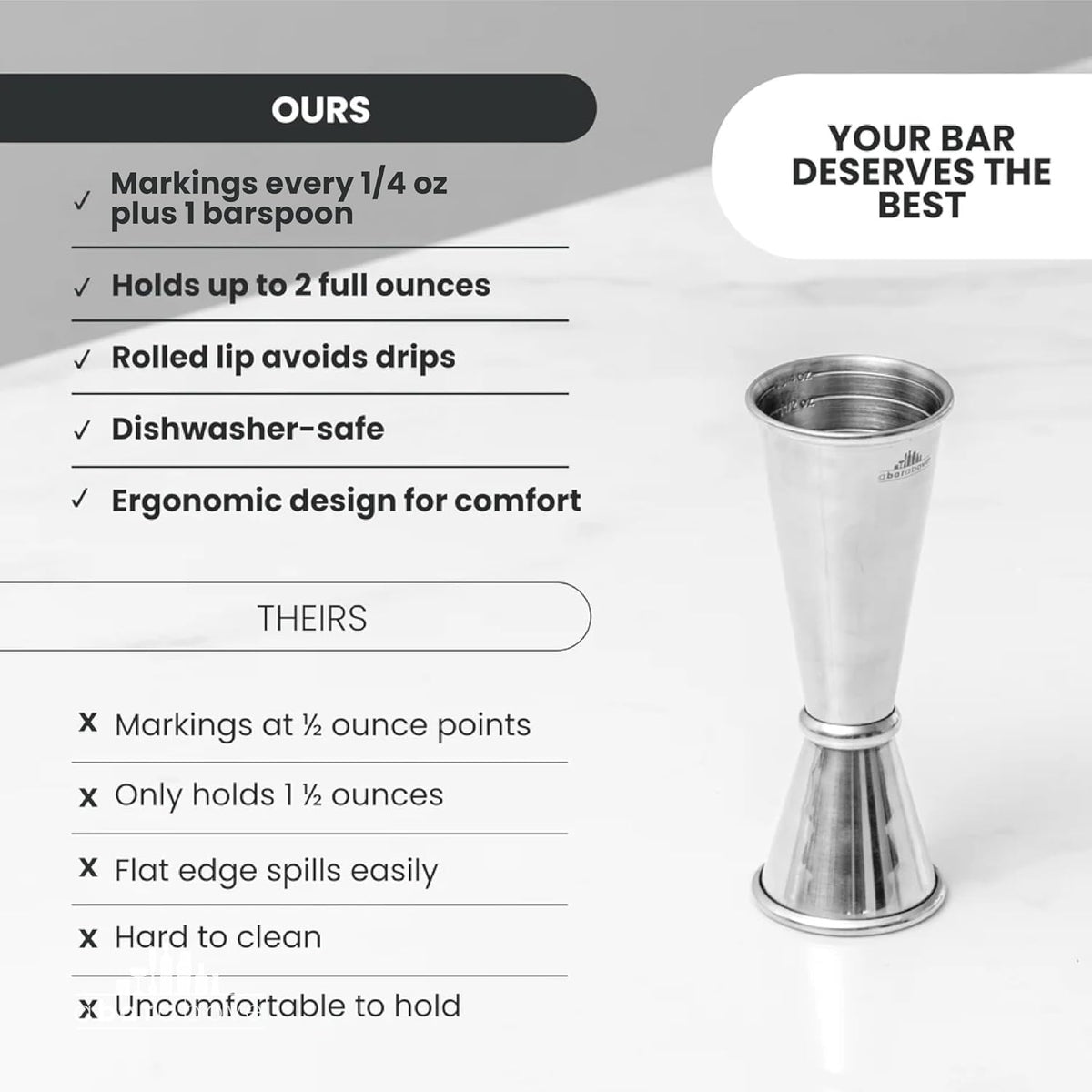 Infographic comparing a Japanese jigger with competitor models, detailing its features and benefits (details in description).