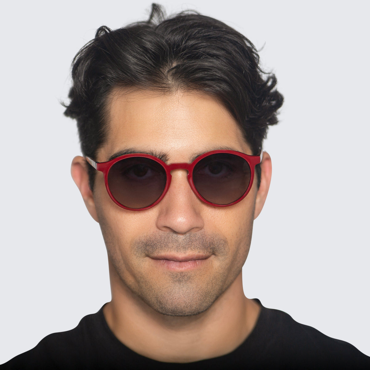 Jaxy Lennon Round sunglasses — worn view #Color_Burgundy/Tort