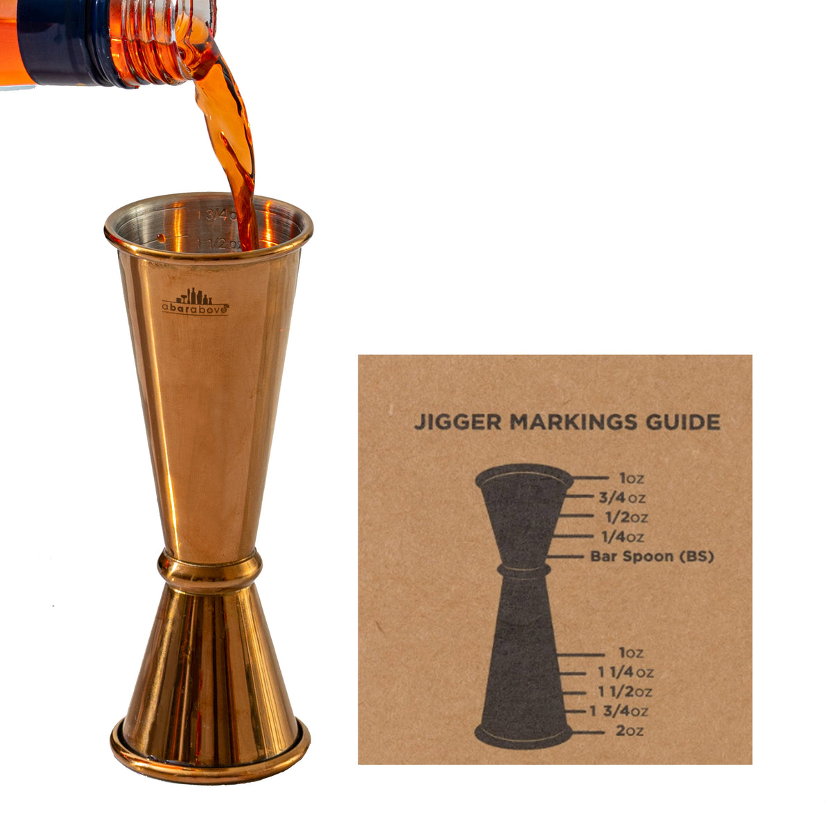 Labeled graphic showing an Antique Copper Japanese Jigger being filled, alongside its markings guide with measurements (details in description).