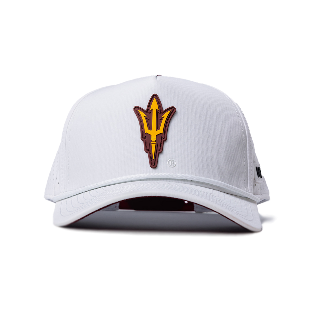The No Rivals Arizona State Gameday Hat is a white snapback featuring a gold and maroon trident logo, officially licensed and perfect for your next gameday look. Displayed against a plain white background.