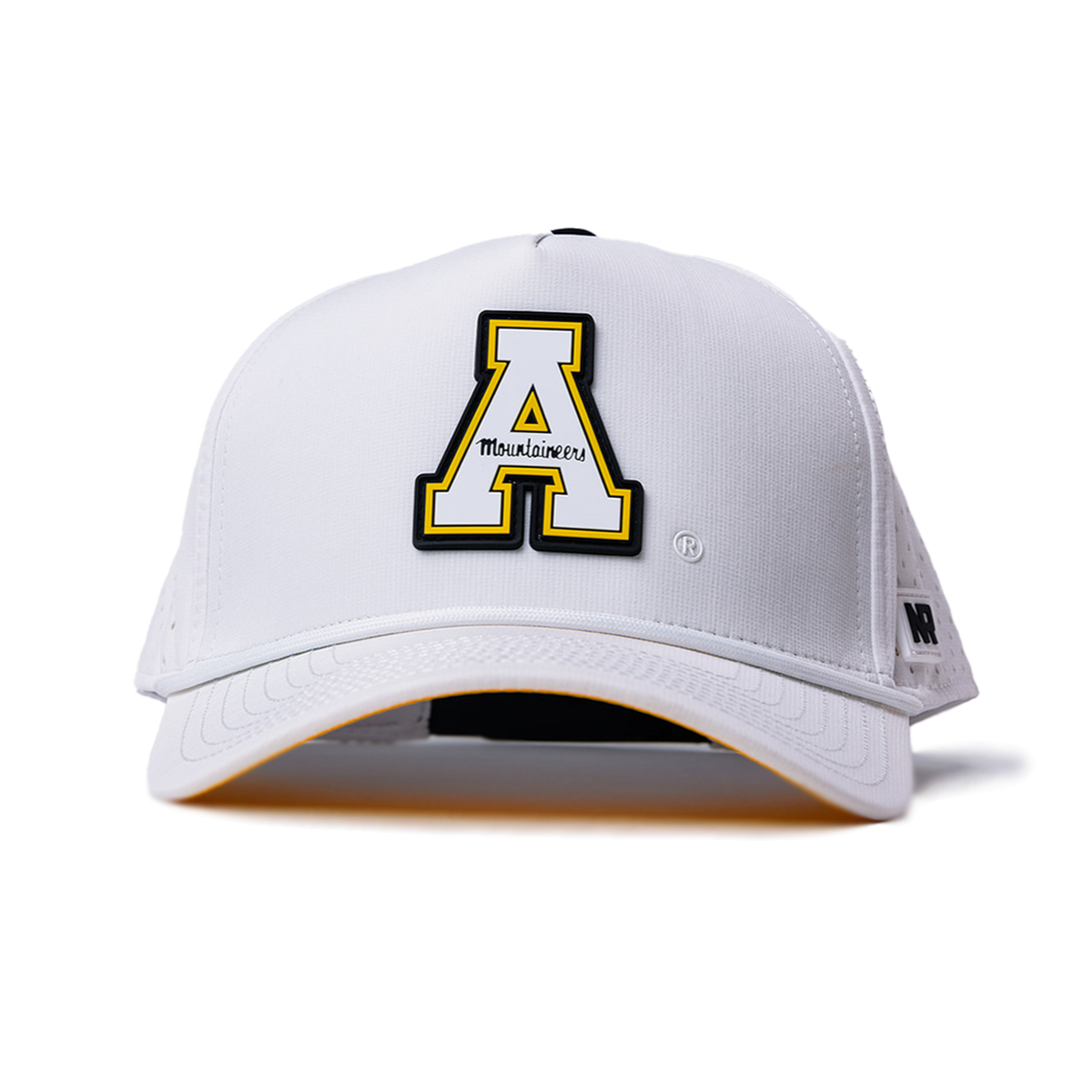The Appalachian State Gameday Hat by No Rivals is a white snapback baseball cap with a bold yellow and black letter A featuring “Mountaineers,” officially licensed and perfect for gameday, displayed front-facing on a plain white background.