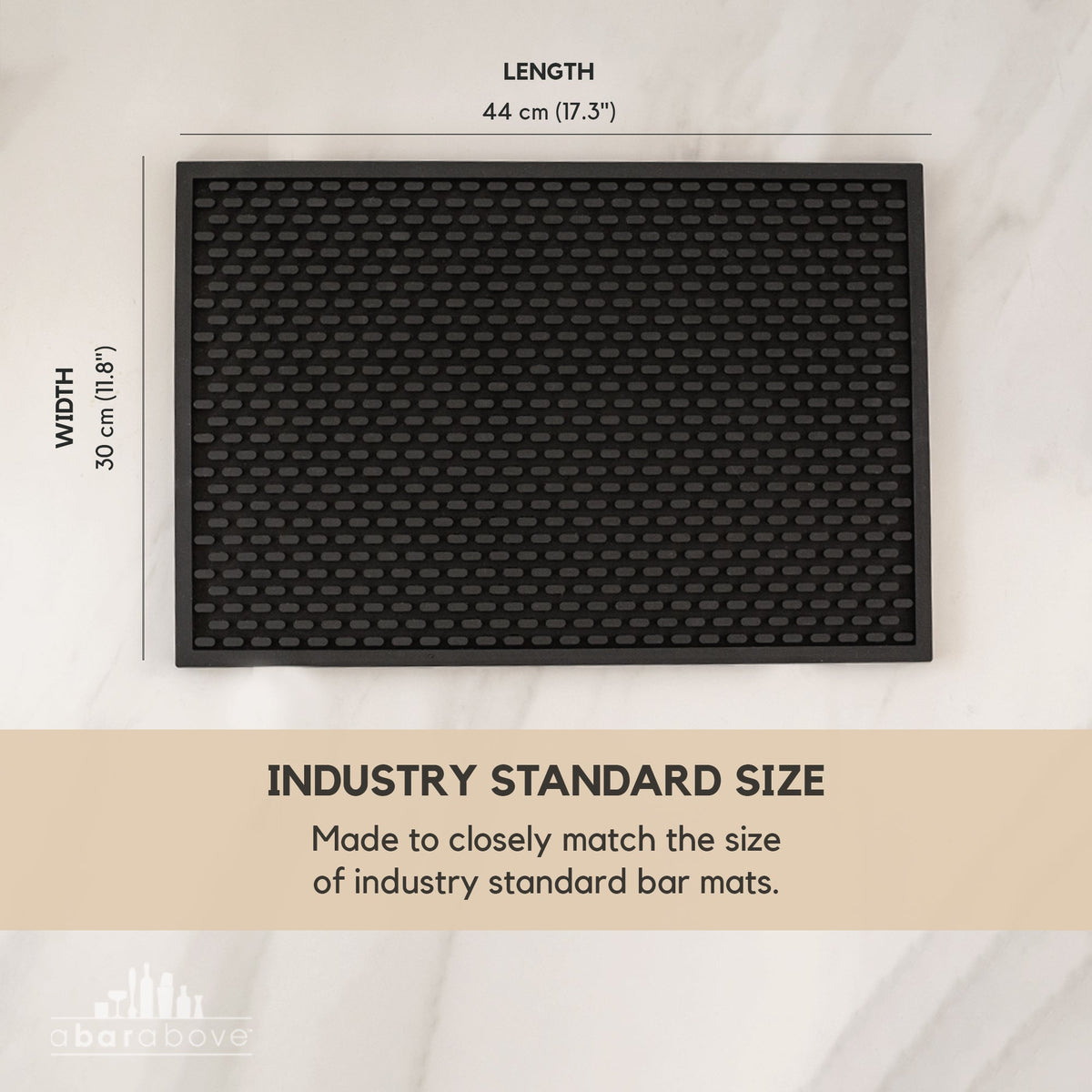 Labeled graphic of a black silicone bar mat showing its dimensions and industry standard size (details in description).