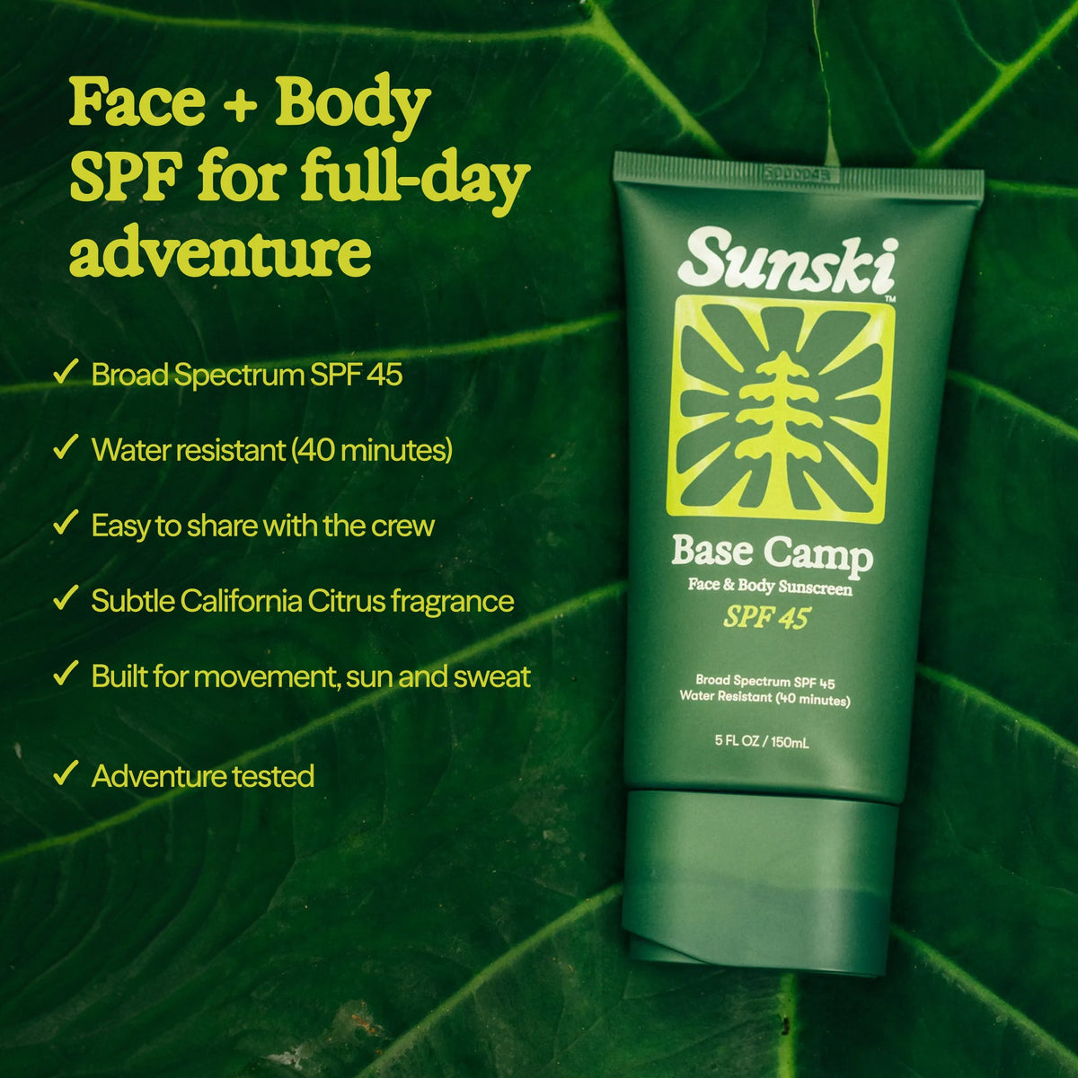 card showing Base Camp SPF 45 sunscreen and features