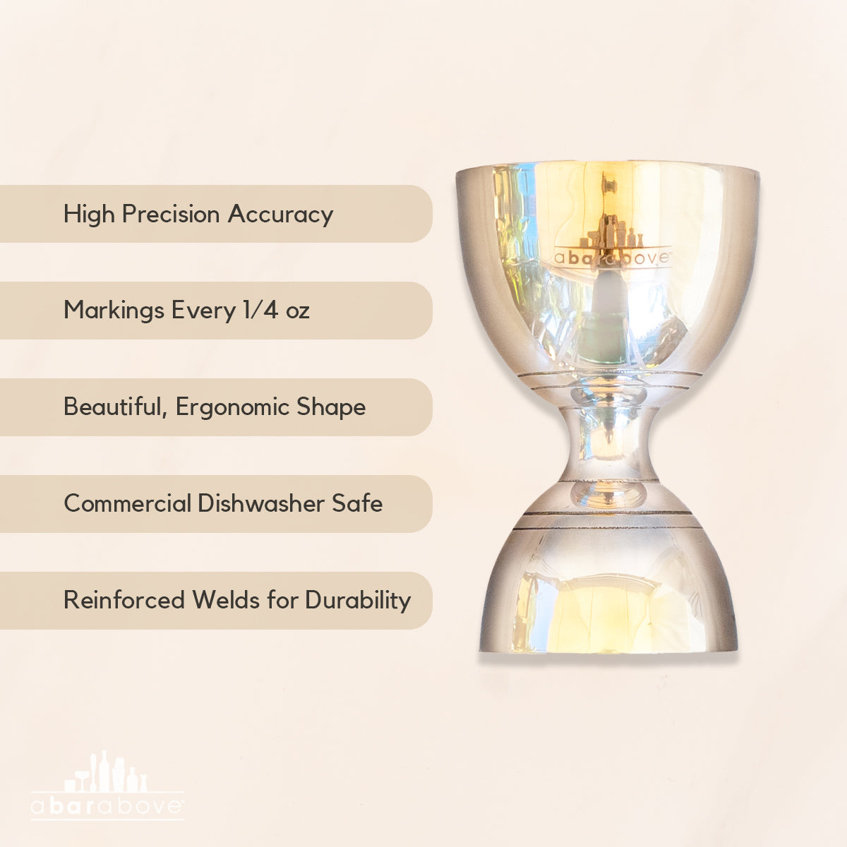 A labeled infographic highlighting the features of a gold bell jigger, with feature details in the description.