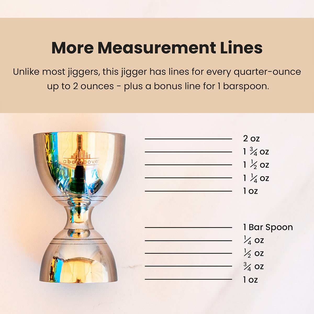 Labeled feature graphic for a gold Bell Jigger, detailing its comprehensive measurement lines and capacities (details in description).