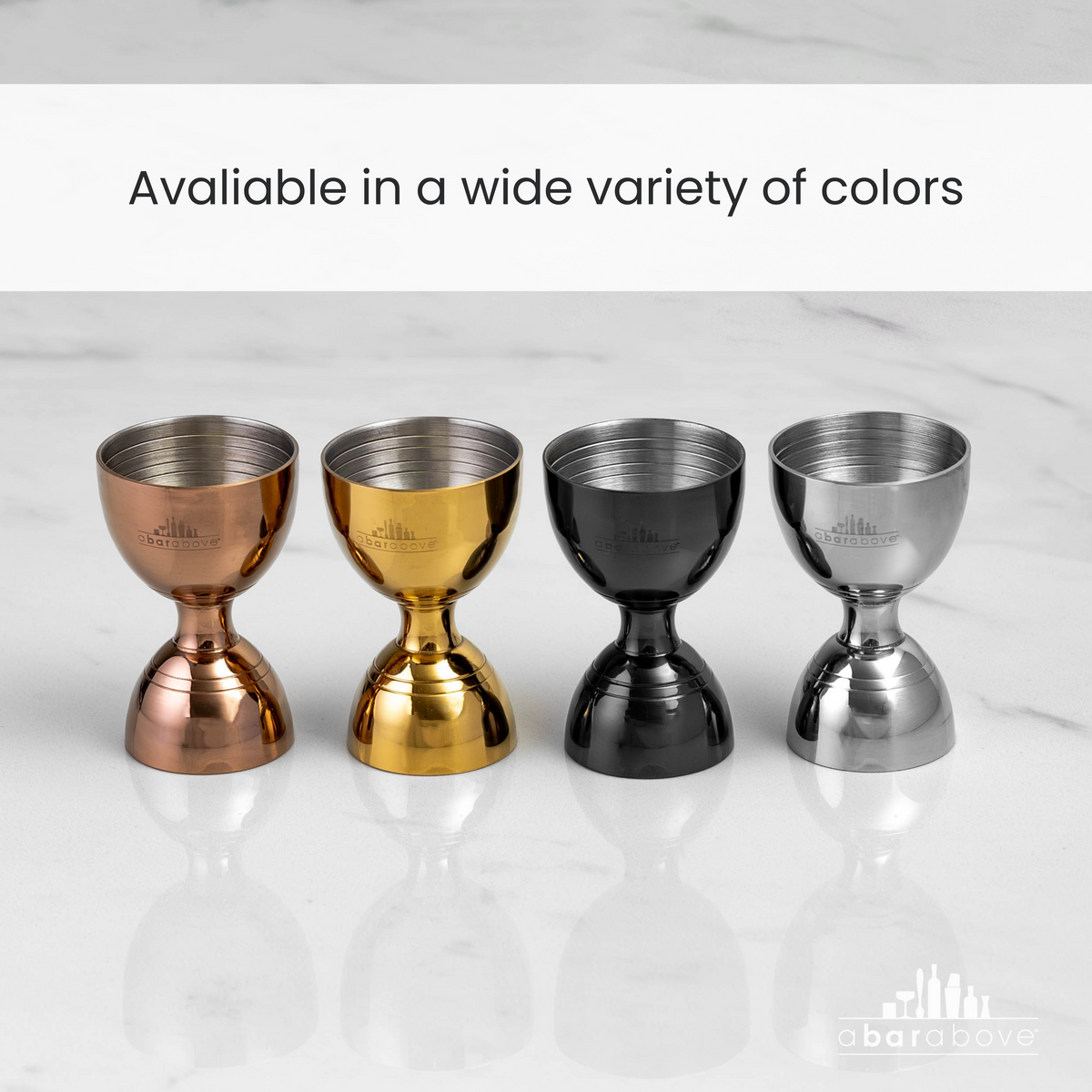 Infographic showing Bell Jiggers in various finishes, highlighting color options (details in description).