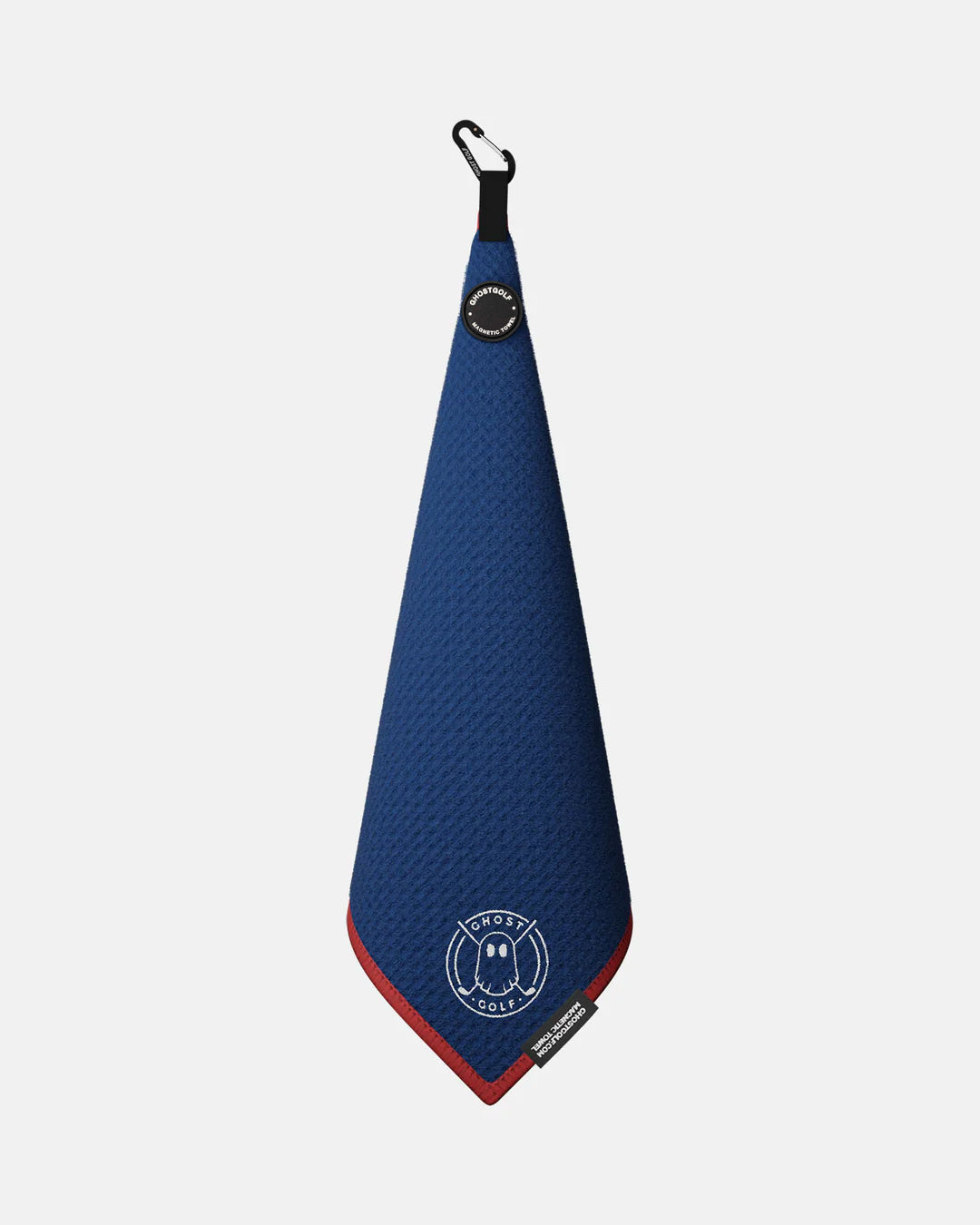 Product shot of Blue Ghost Golf Magnetic Greenside Towel with emblem logo near the bottom and carabiner clip at the top #color_blue