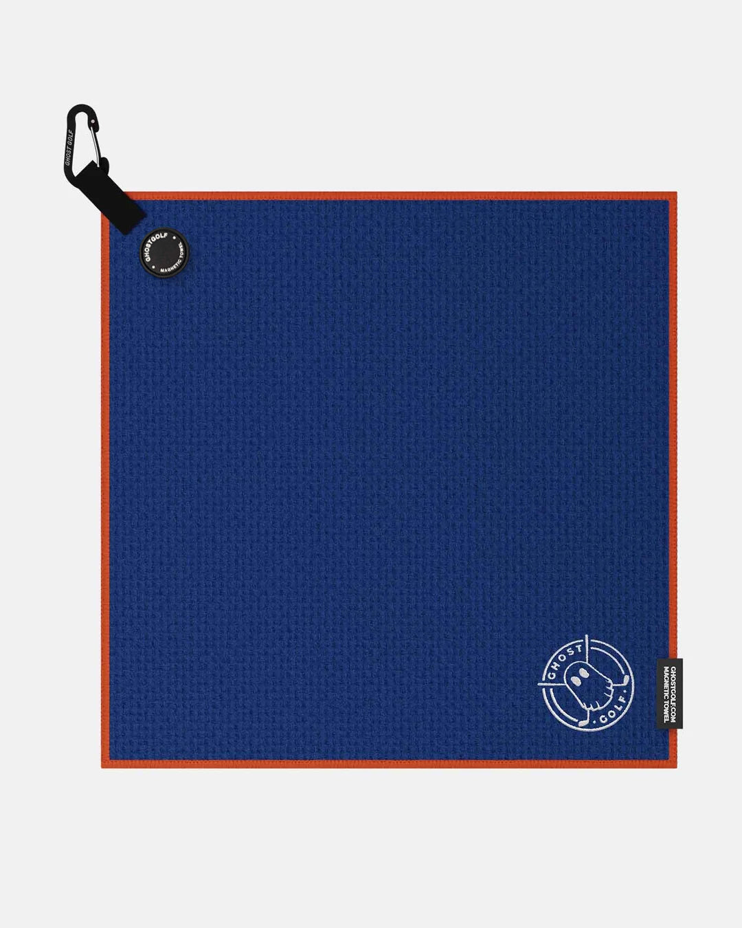 Product shot of Blue Ghost Golf Magnetic Greenside Towel with emblem logo near the bottom and carabiner clip at the top #color_blue
