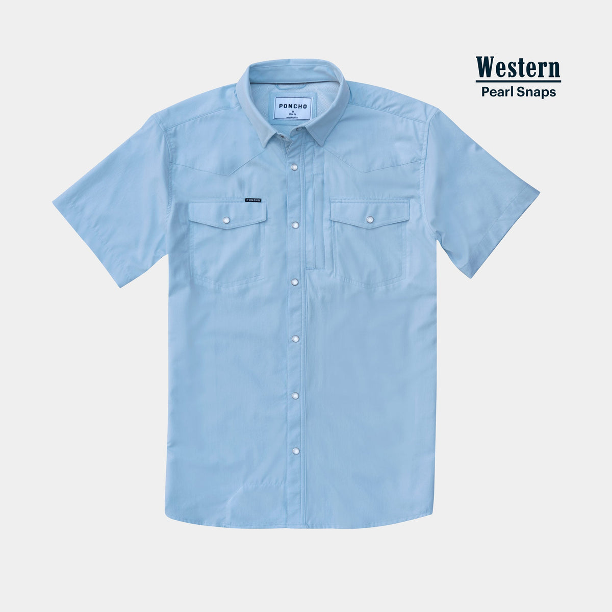 light blue short sleeve pearl snap shirt