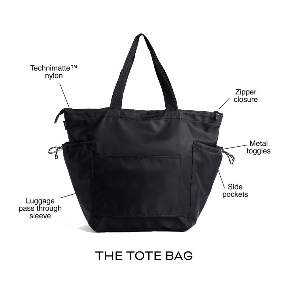 Black tote bag with side pockets and descriptions of componets
