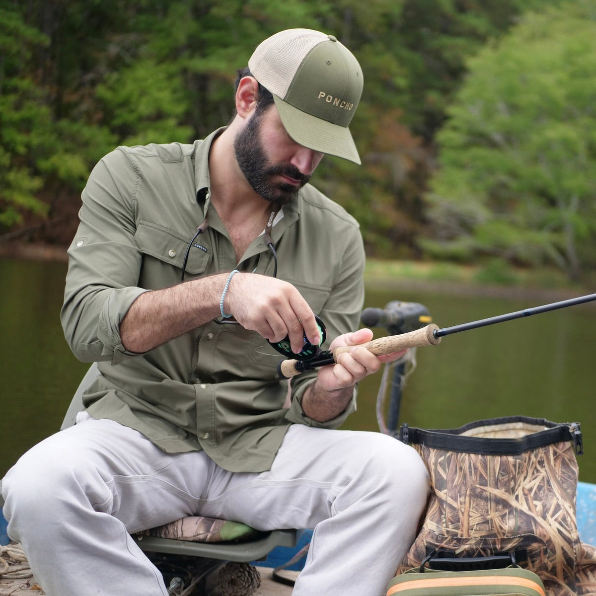 fly fishing in green long sleeve shirt