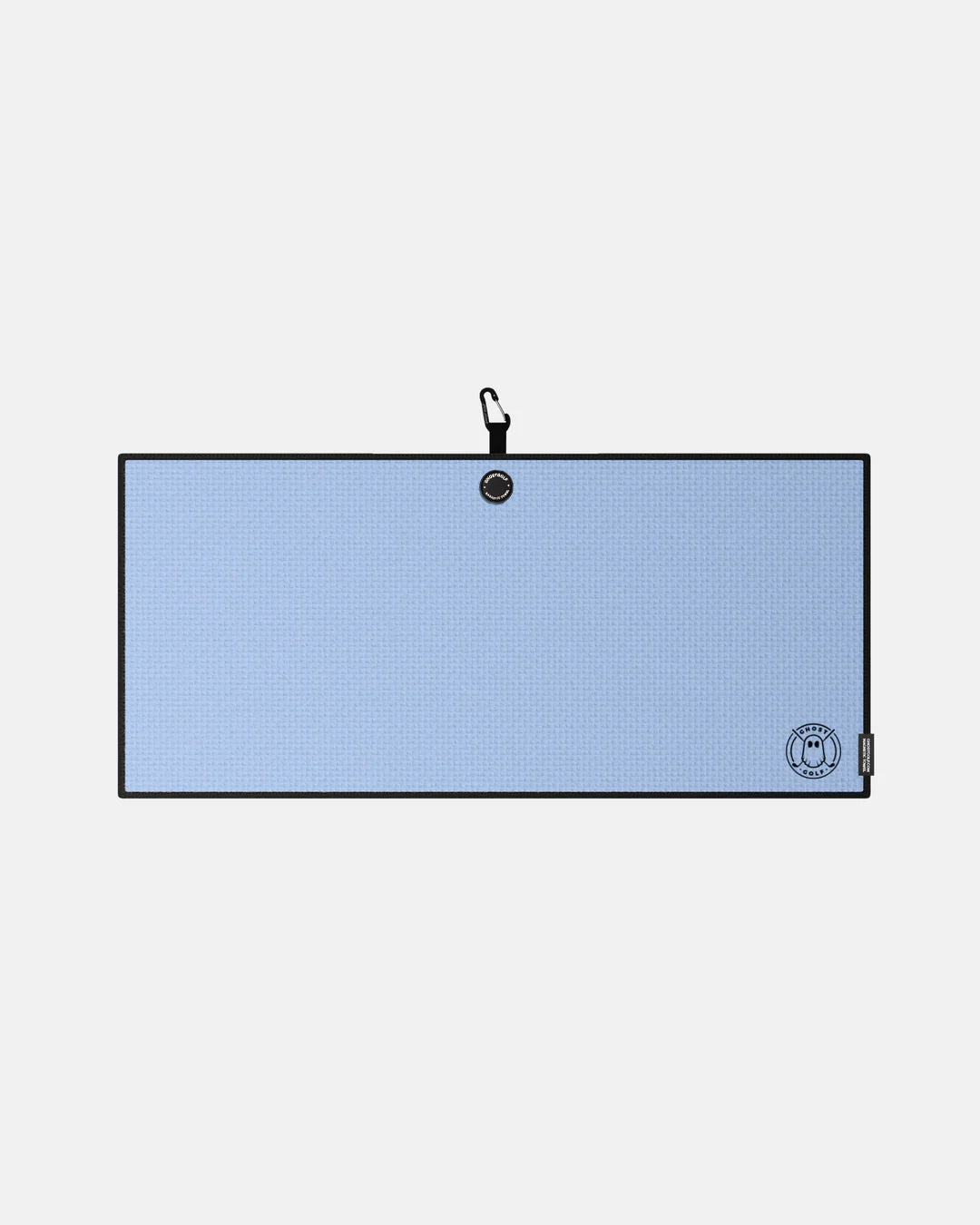 Product shot of Carolina Blue Ghost Golf Magnetic Caddie Towel with emblem logo on right bottom corner and carabiner clip at the top #color_carolina-blue