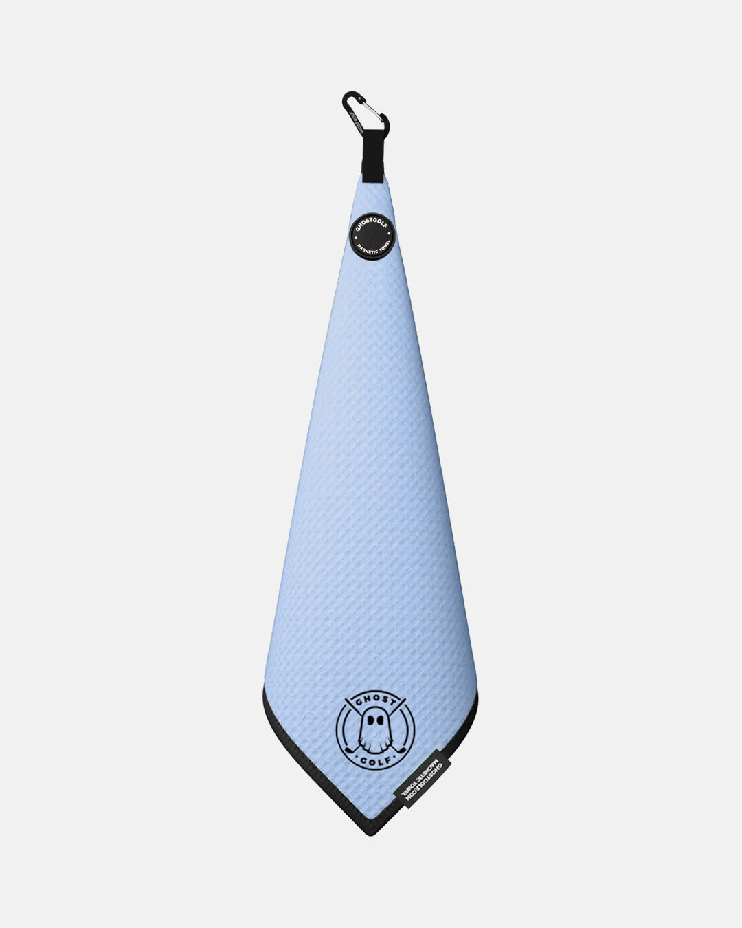 Product shot of Carolina Blue Ghost Golf Magnetic Greenside Towel with emblem logo near the bottom and carabiner clip at the top #color_carolina-blue
