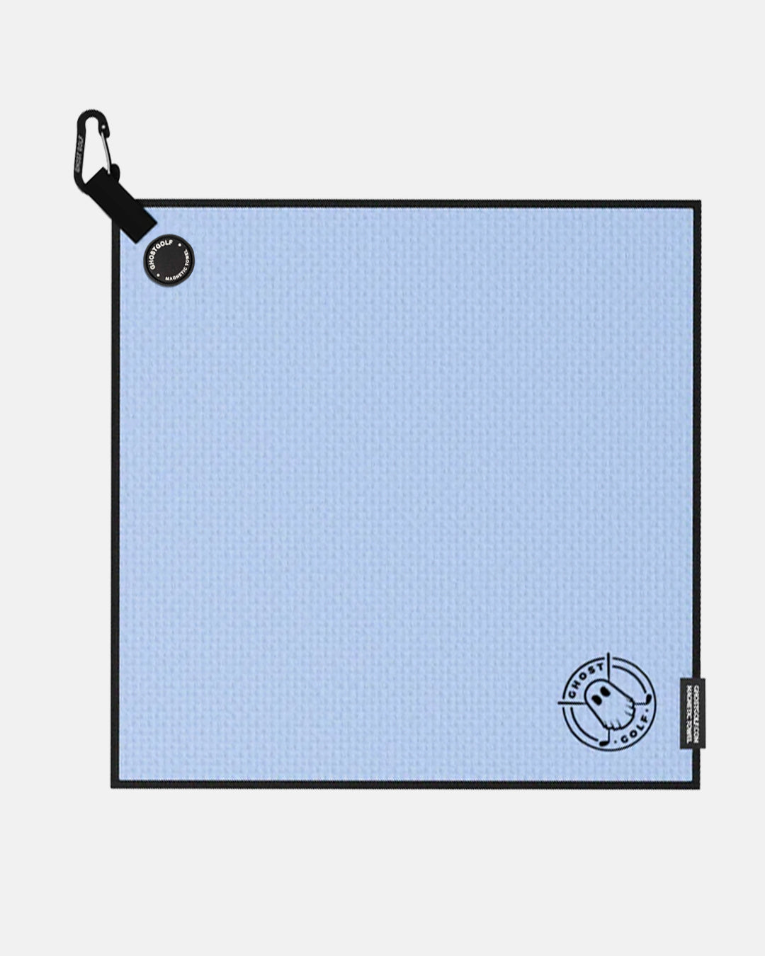 Product shot of Carolina Blue Ghost Golf Magnetic Greenside Towel with emblem logo near the bottom and carabiner clip at the top #color_carolina-blue