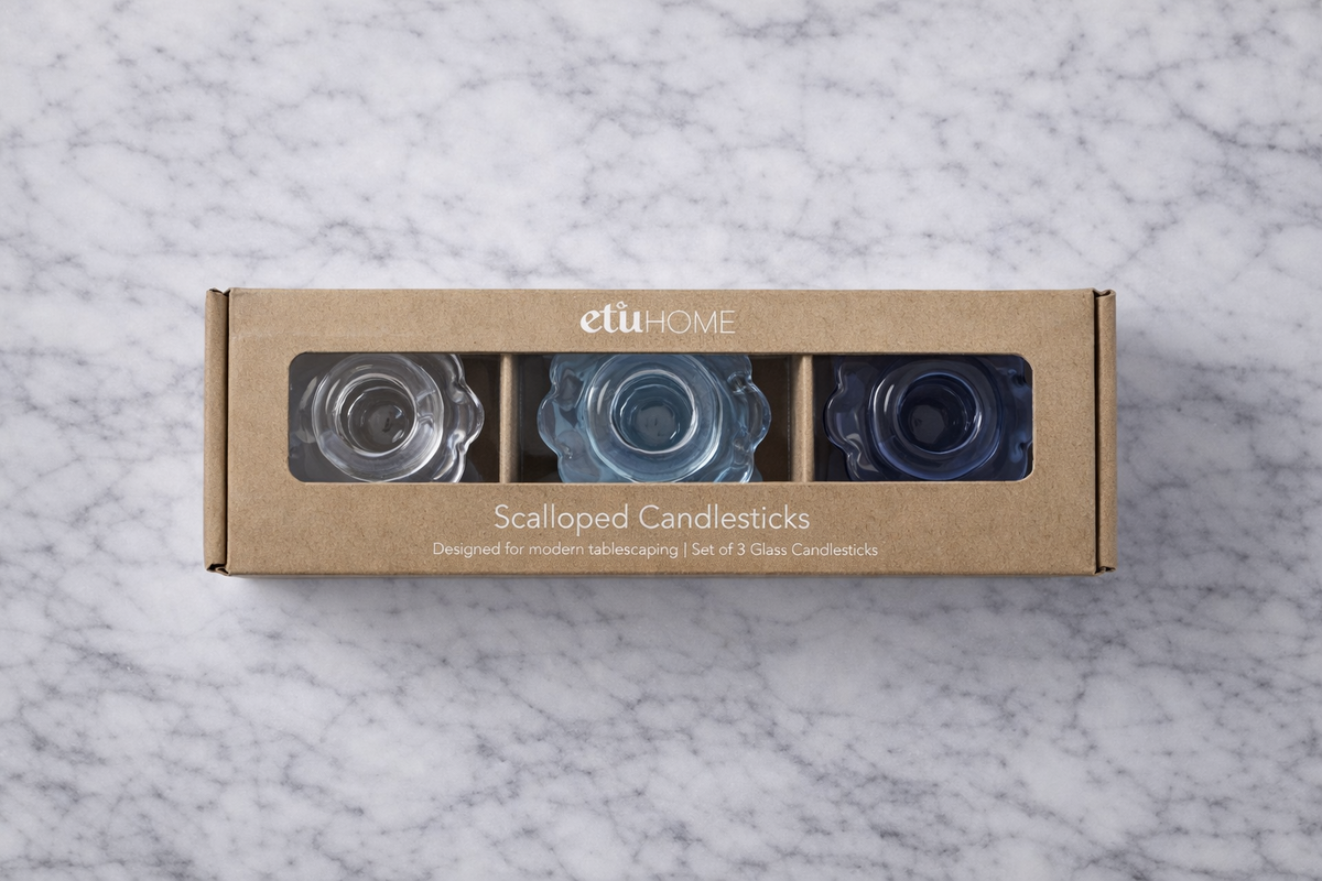 Glass Scalloped Candlesticks, Blue, Set of 3