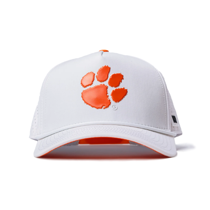 The No Rivals Clemson Gameday Hat is a white snapback featuring an embroidered orange paw print on the front, made from a polyester-cotton blend—ideal for your gameday look. Displayed from the front on a plain white background.