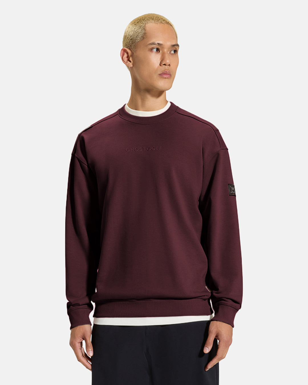 Clubhouse-Crewneck-Full_Body_Burgundy_Closeup Front_Male Model_#color_burgundy