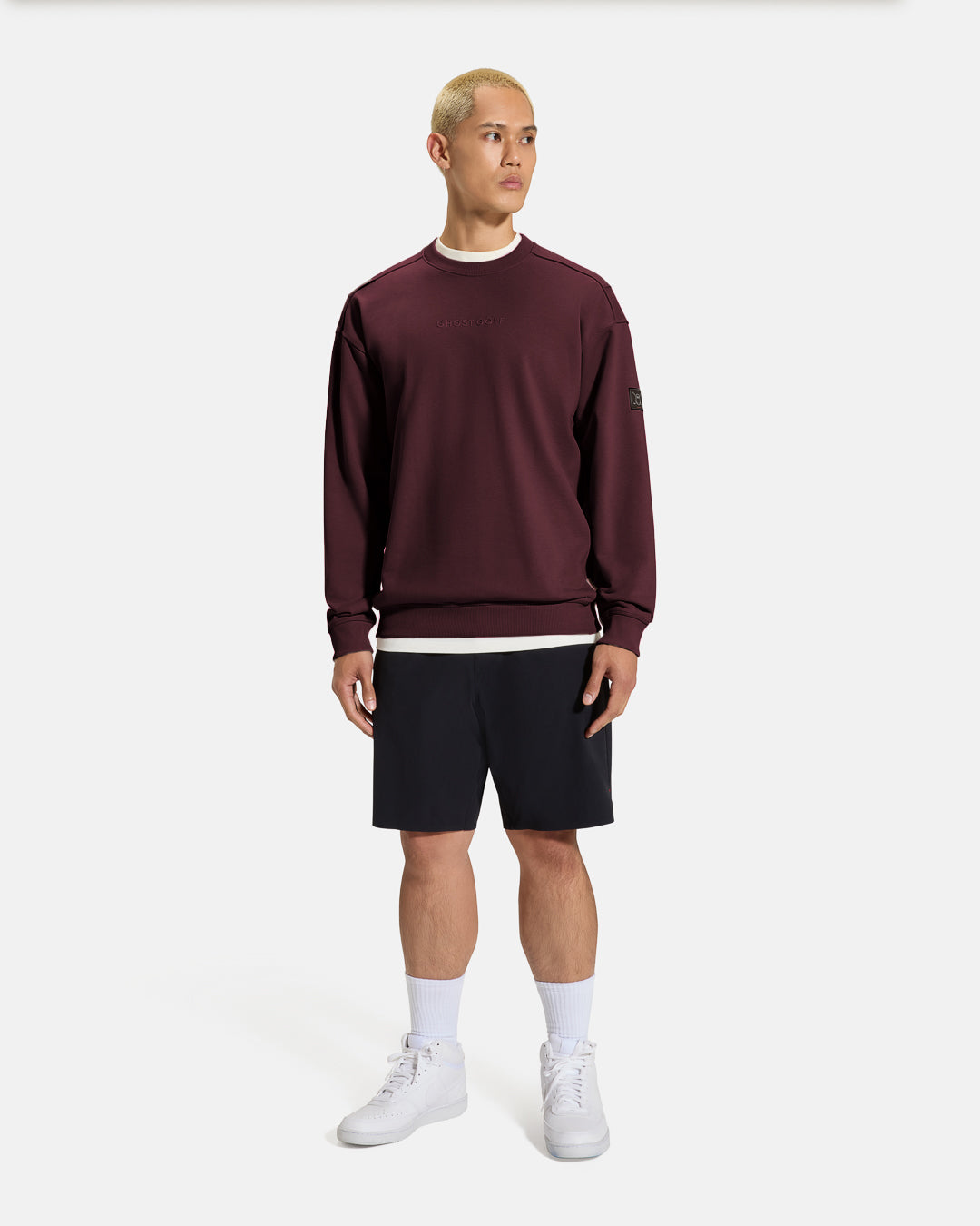 Clubhouse Crewneck_Full Body_Burgundy_Male Model_ #color_burgundy