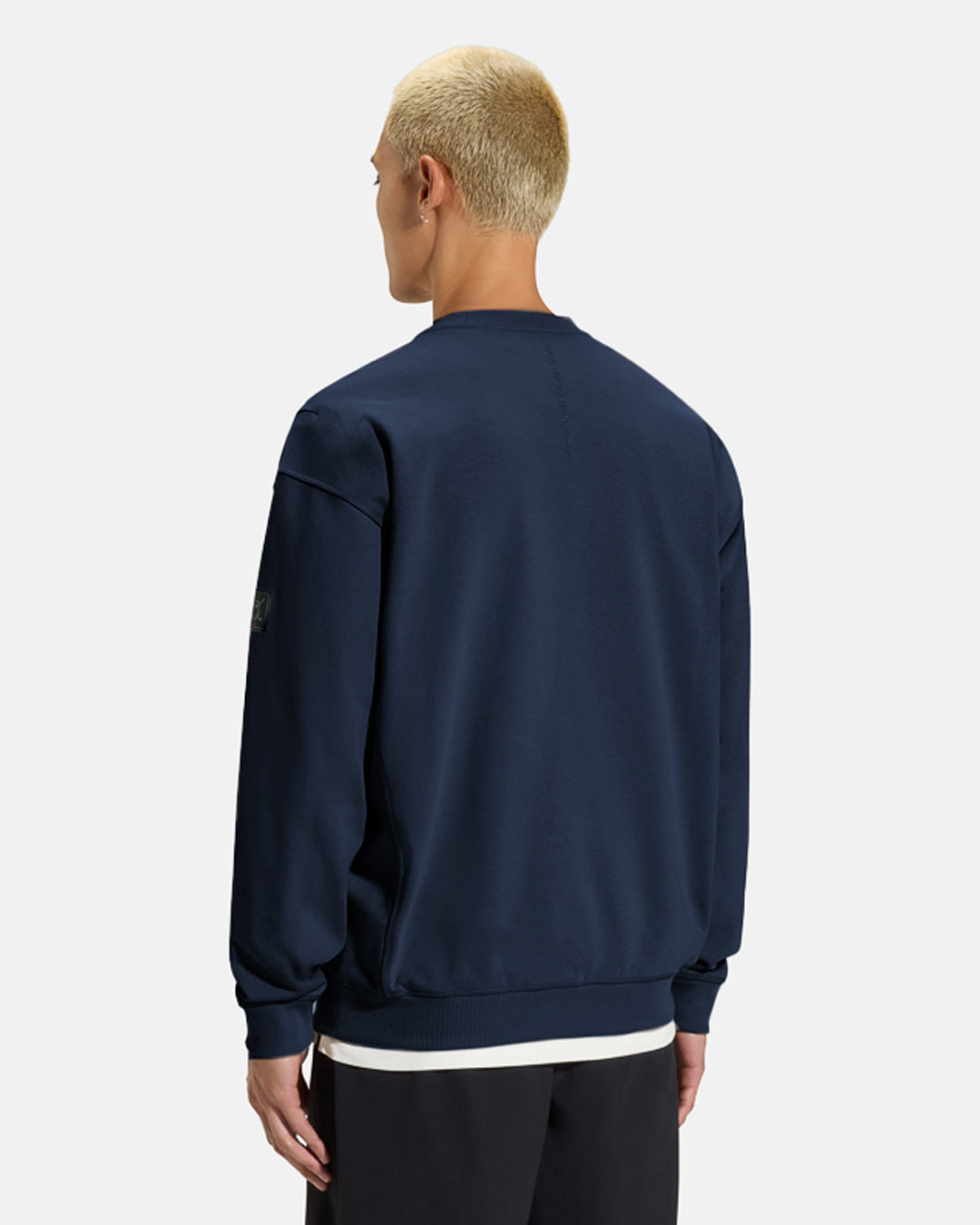 Clubhouse_Crewneck_Full_Body_Navy_Closeup_Back_Male Model_ #color_navy