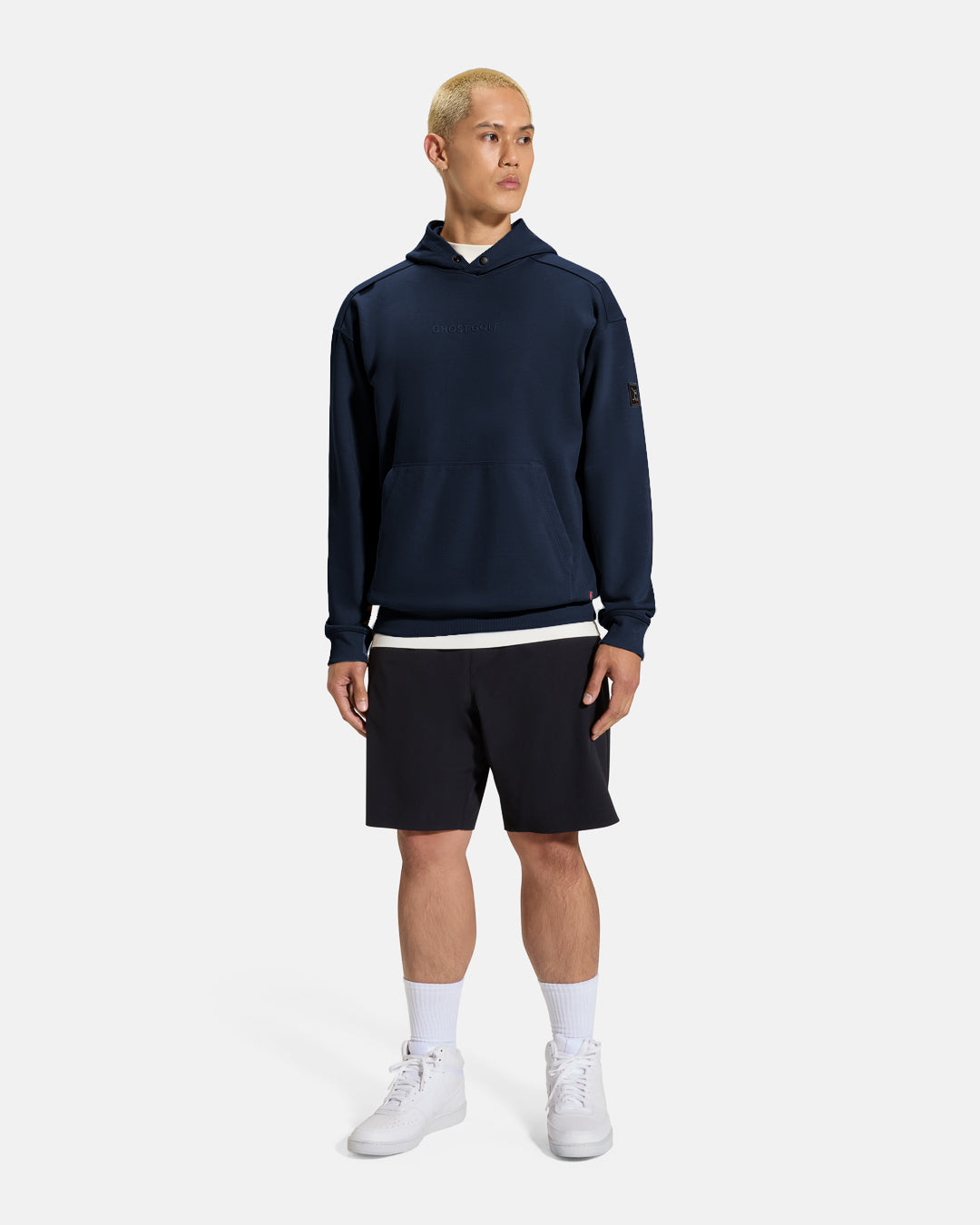 Clubhouse Hoodie_Full Body_Navy_Male Model #color_navy