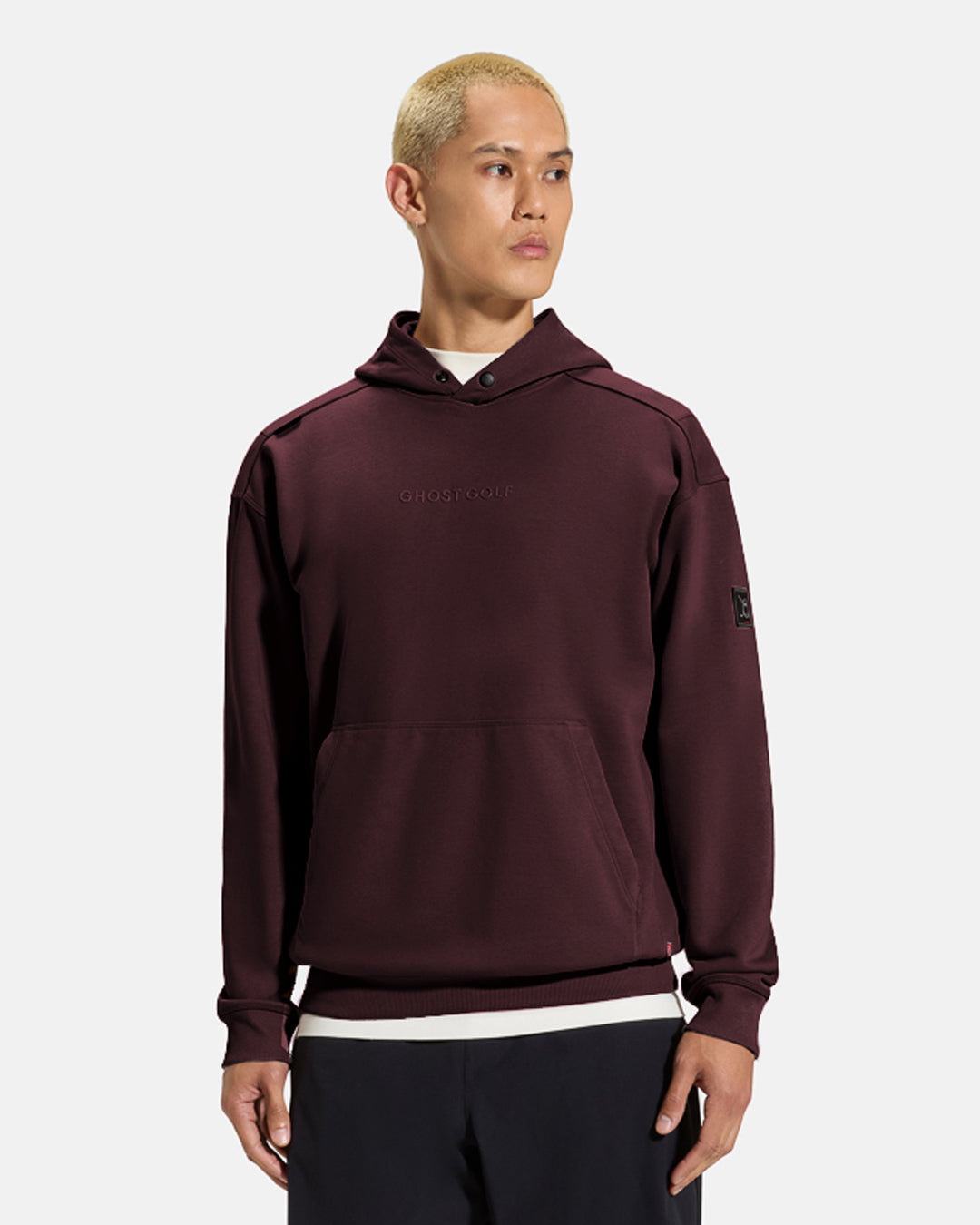 Clubhouse Hoodie_Top Front_Burgundy_Male Model #color_burgundy