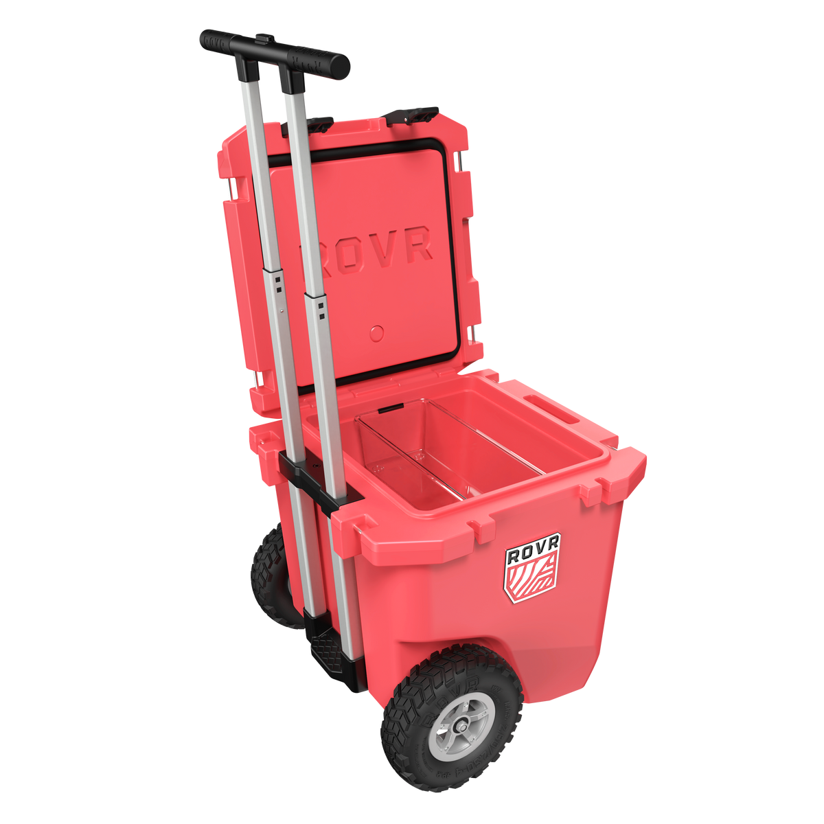 Red cooler with wheels and handle on a white background
