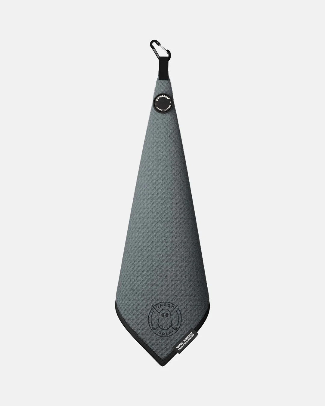 Product shot of Dark Grey Ghost Golf Magnetic Greenside Towel with emblem logo near the bottom and carabiner clip at the top #color_dark-grey