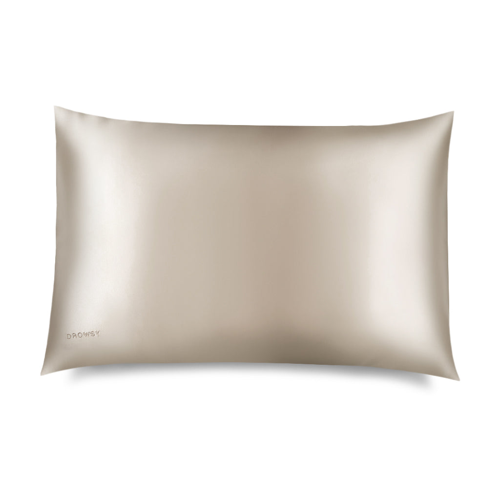 Dusty Gold coloured Drowsy silk pillowcase on a white background