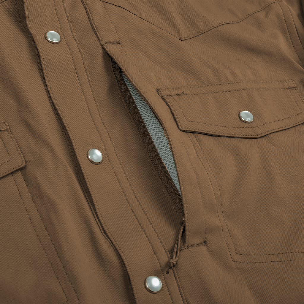 closeup of brown shirt chest pocket