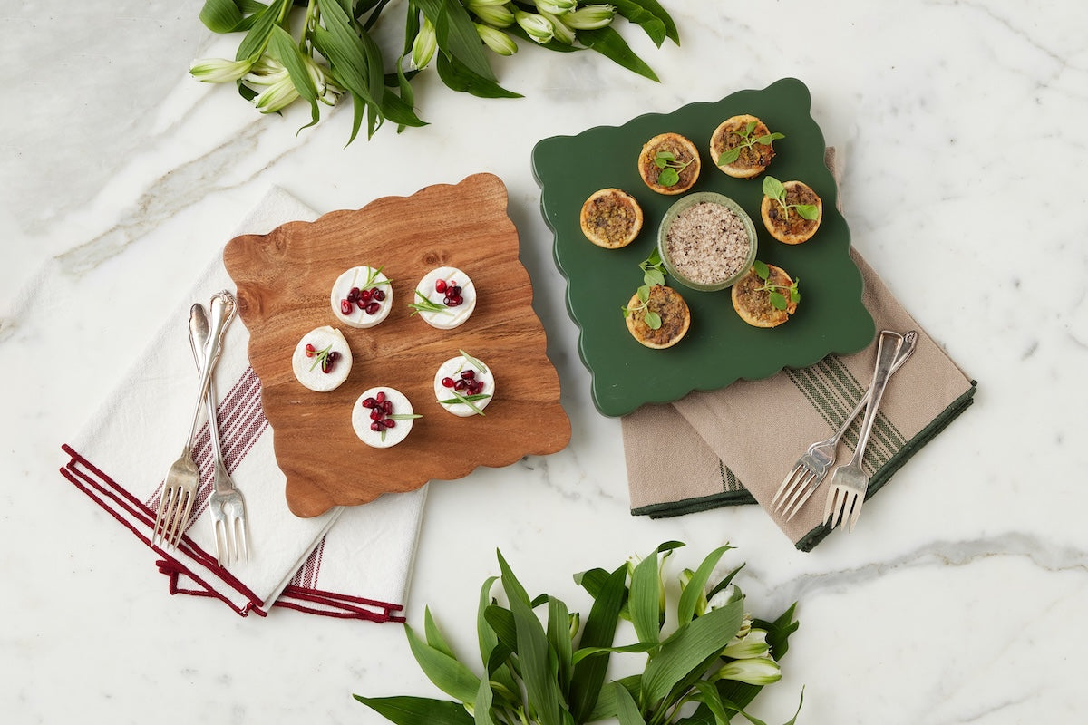 Square Scalloped Cheese Board with Cheese Markers, Small, Spruce Green