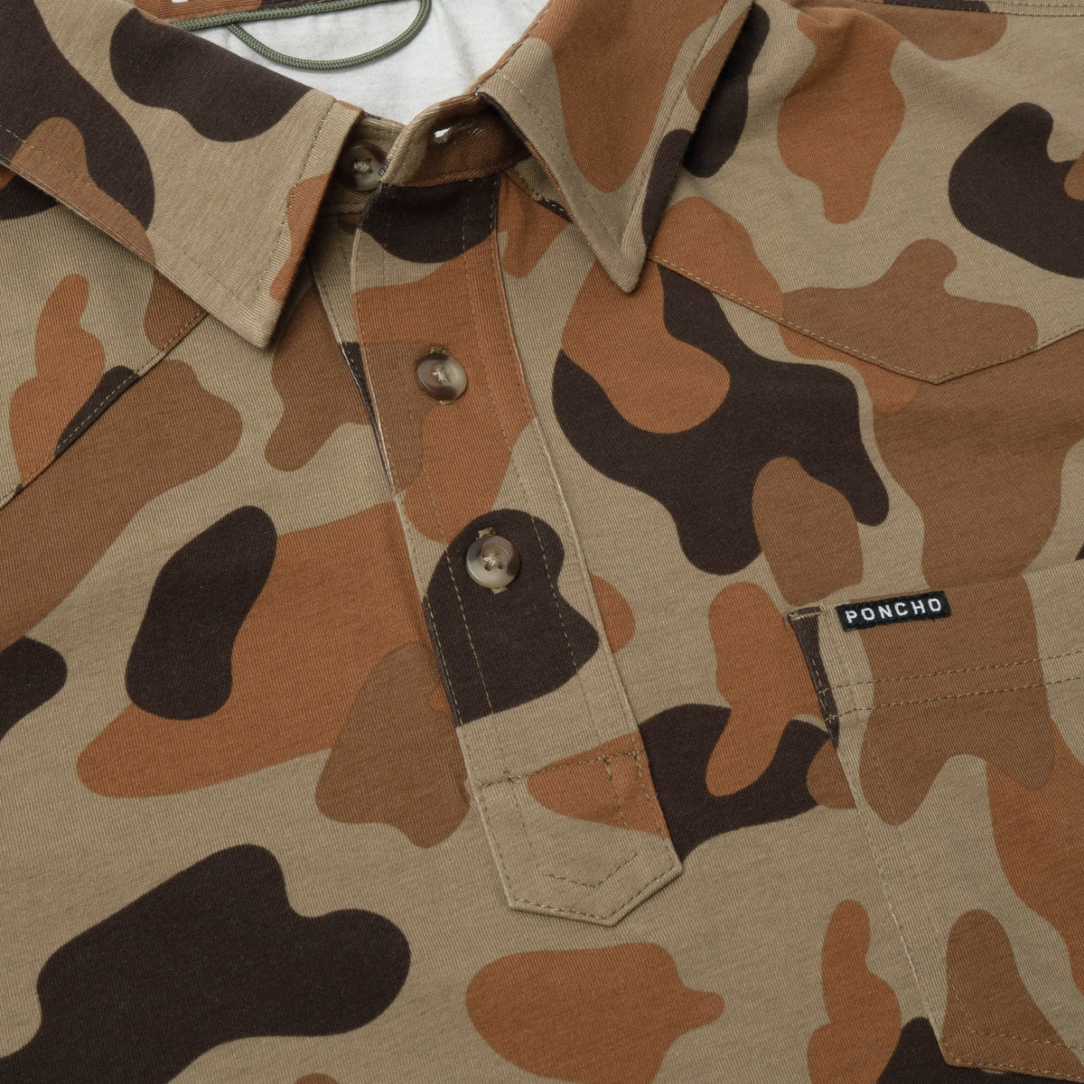 buttons and collar of camo polo shirt