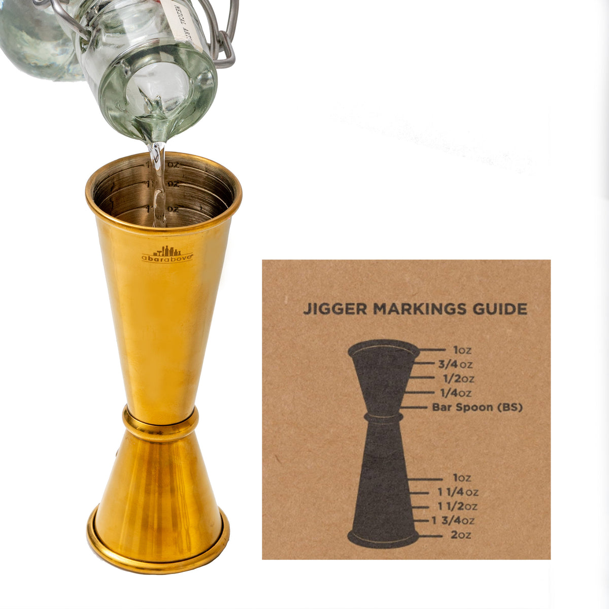 Infographic showing a gold Japanese jigger being filled, alongside a measurement guide for its internal markings. (details in description)