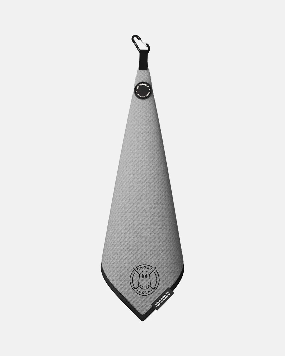 Product shot of Grey Ghost Golf Magnetic Greenside Towel with emblem logo near the bottom and carabiner clip at the top #color_grey