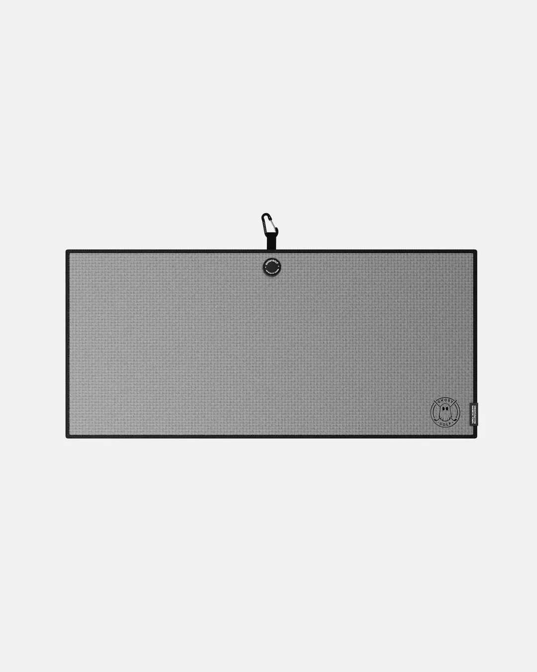 Product shot of Grey Ghost Golf Magnetic Caddie Towel with emblem logo on right bottom corner and carabiner clip at the top #color_grey