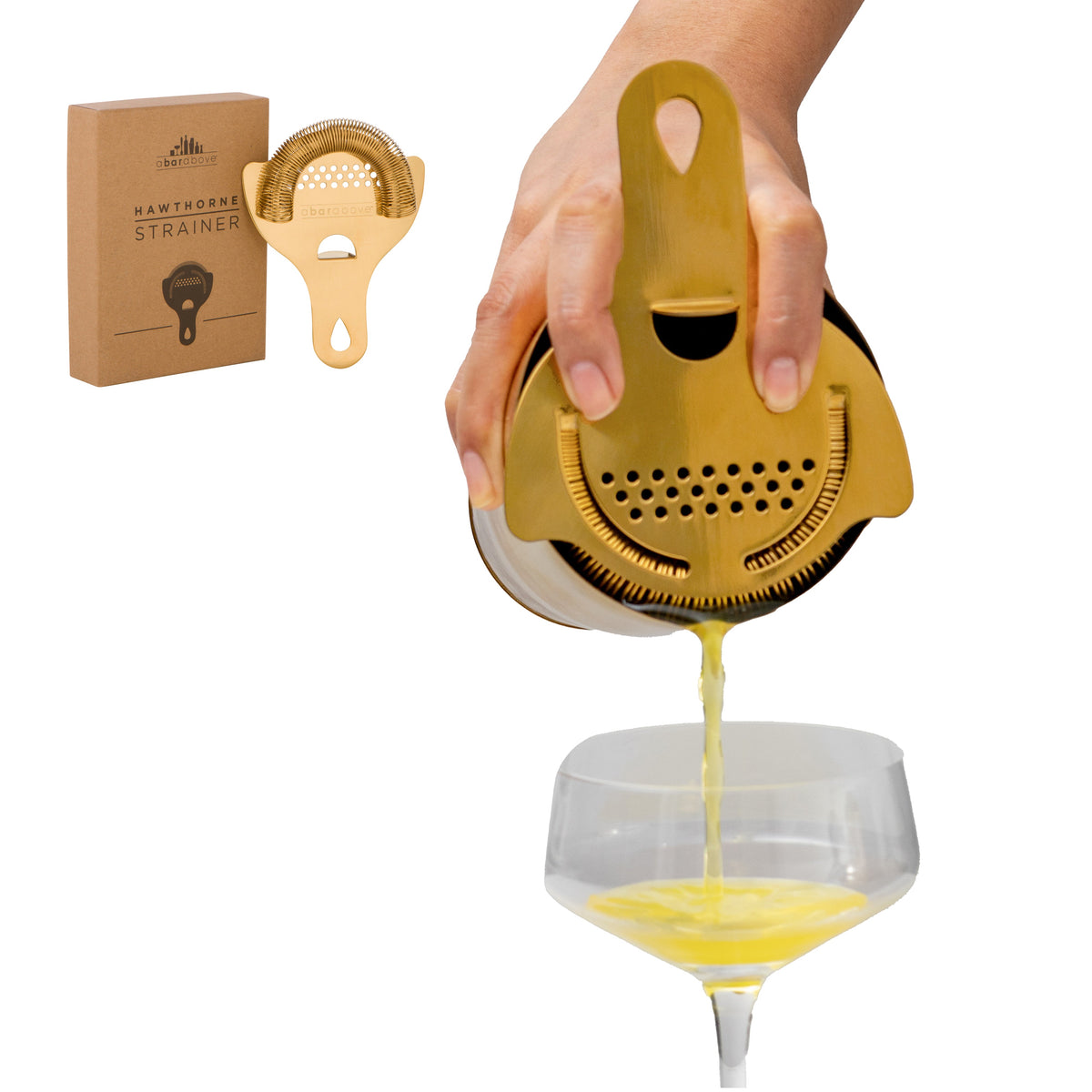 Gold Hawthorne strainer straining a yellow drink into a coupe glass.