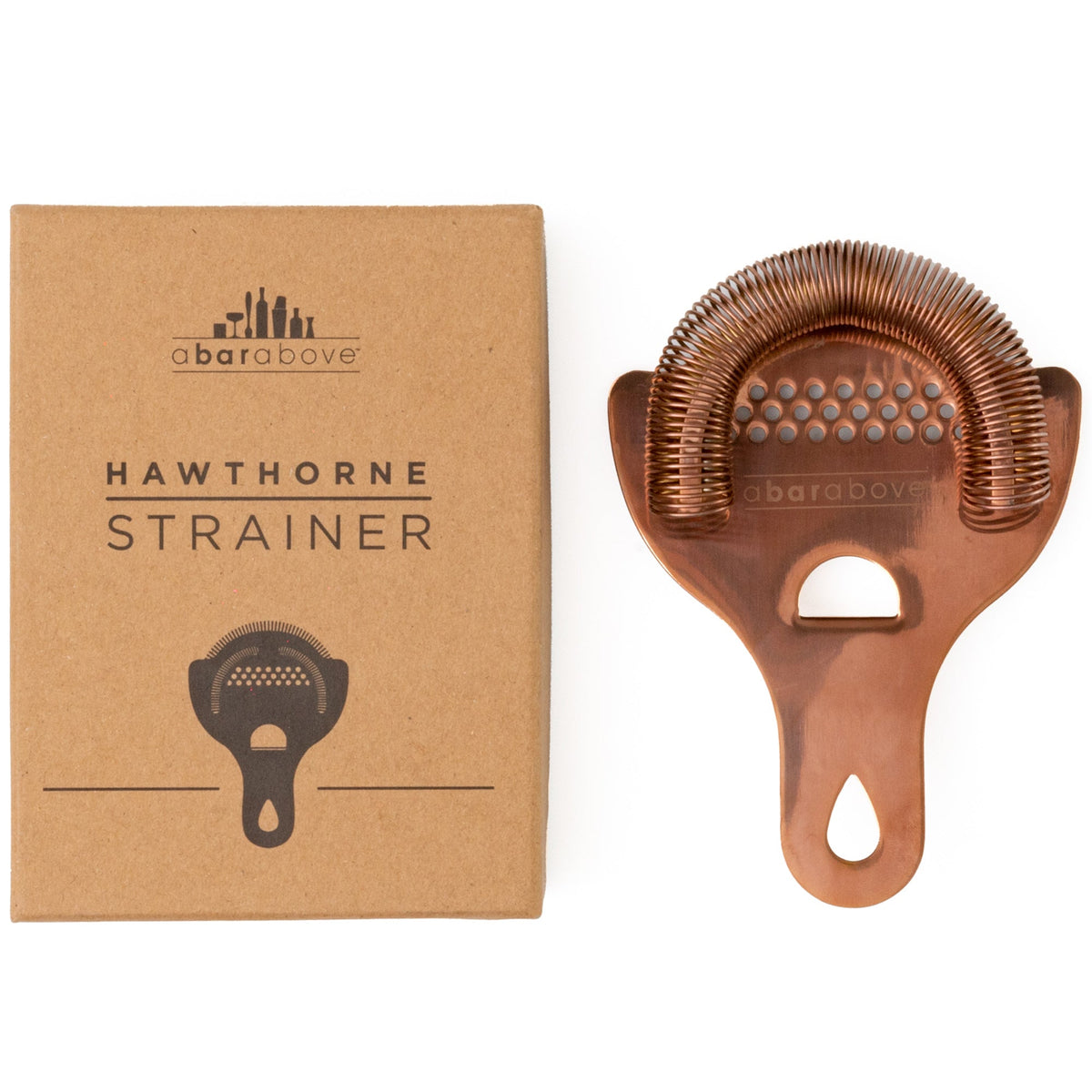 Antique copper Hawthorne cocktail strainer with spring and perforated plate, next to its product box.